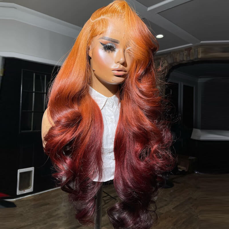 Eullair Flawless Ombre Coral Orange Copper Brown Body Wave Human Hair Wig with Lace Frontal - Sunset Copper Brown for Daily Wear, Parties & Special Occasions