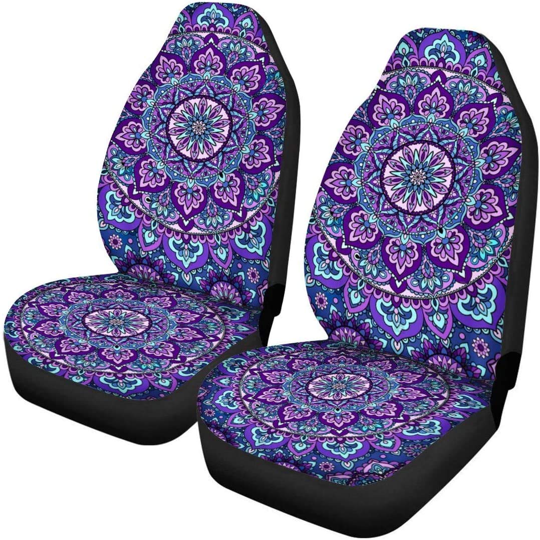 Bohemian Lotus Car Seat Covers Full Set - Steering Wheel Cover, Armrest Cover, Seat Belt Covers & Floor Mats | Floral Auto Interior Accessories for Women | Perfect for Road Trips & Daily Commute