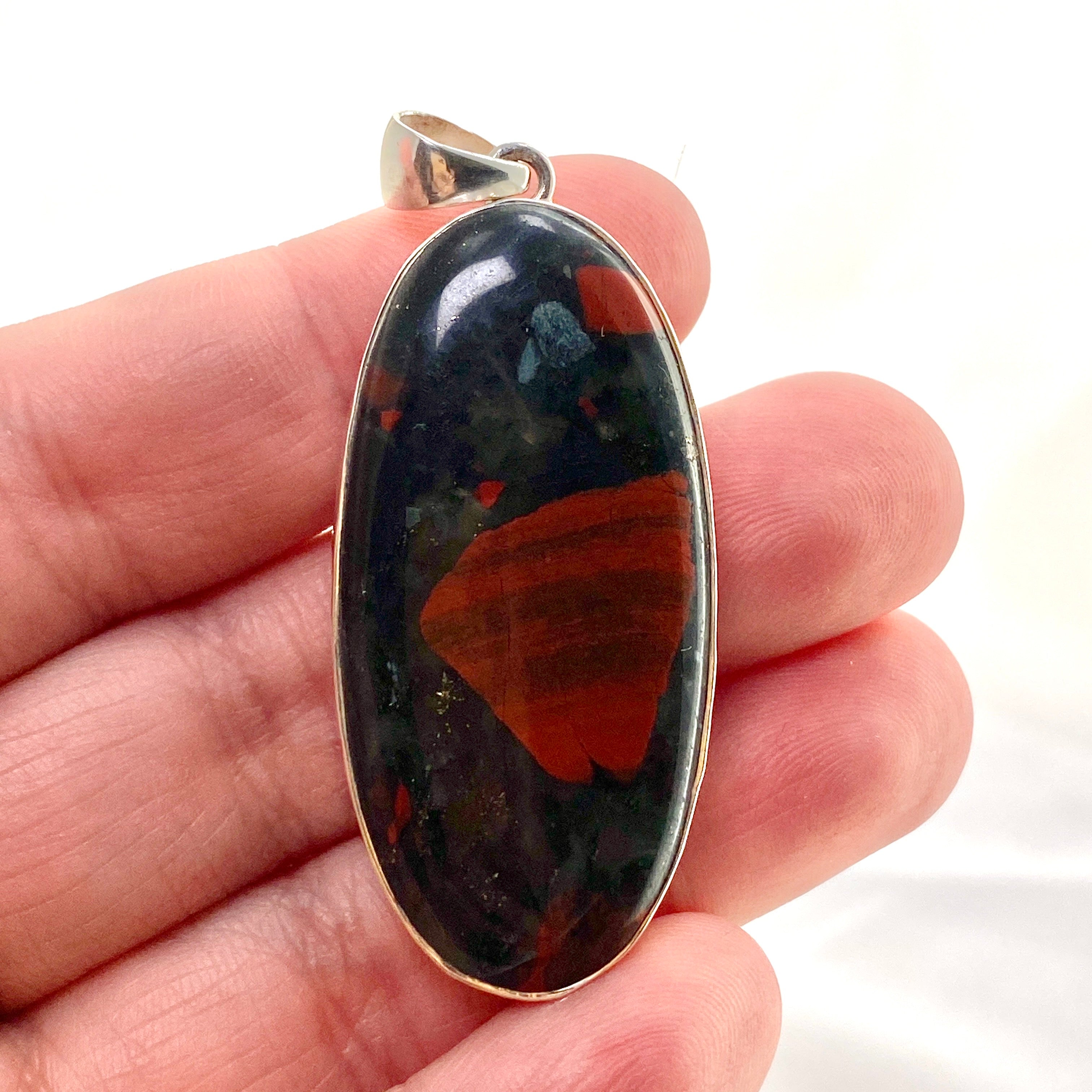 Natural Bloodstone Oval Cabochon Pendant in Handcrafted Hammered Sterling Silver Setting KPGJ4739 - Perfect for Healing Jewelry & Spiritual Gift Giving