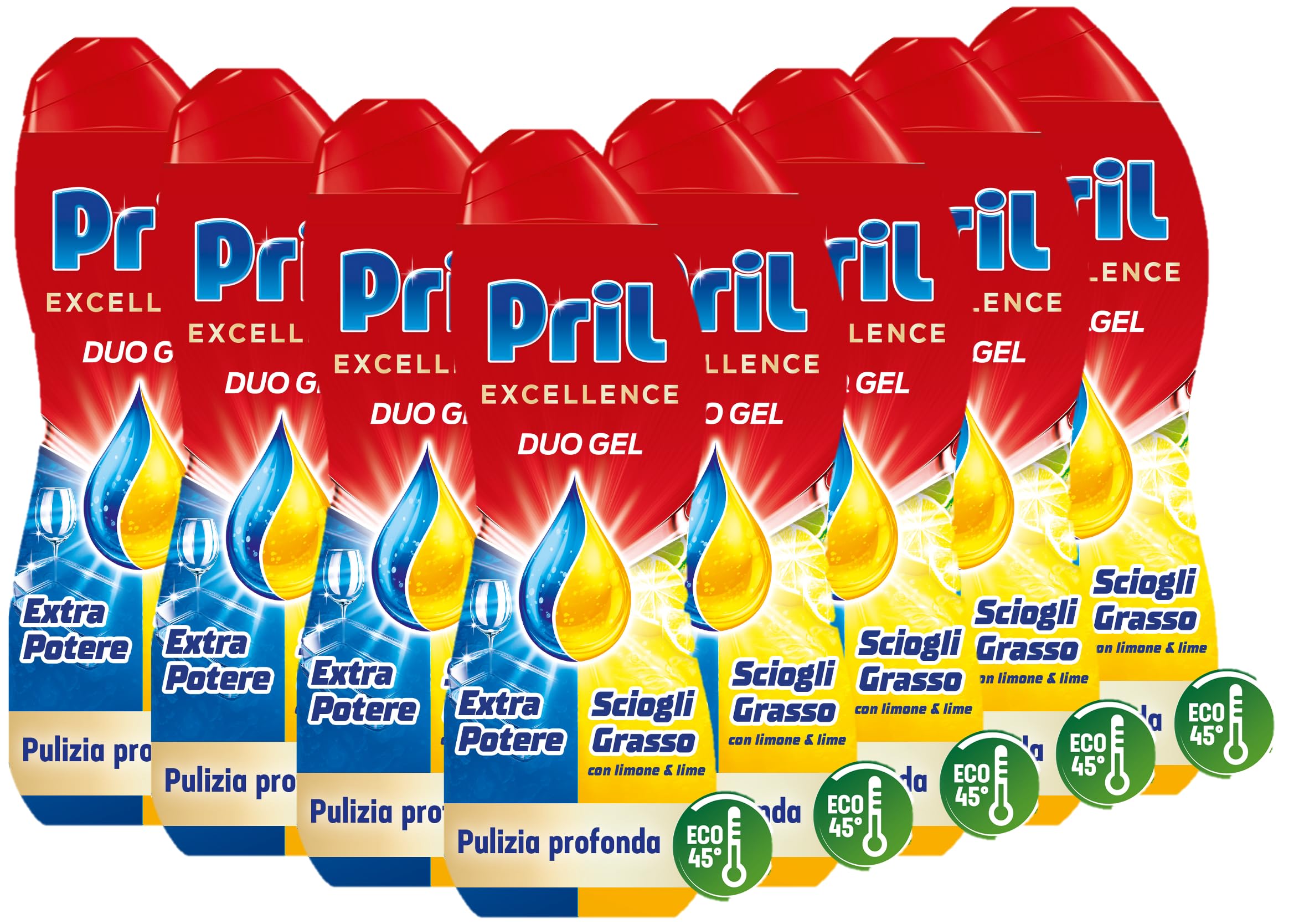 Pril Excellence Duo Gel Dishwasher Detergent - 8 Packs (45 Loads Each) - Powerful Grease Removal with Lemon Freshness - Ideal for Daily Dishwashing & Tough Stains