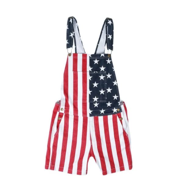 BYIMONN American Flag Denim Overalls - Adjustable Strap Bib Shorts Romper Jumpsuit for Men & Women | Casual Summer Wear, Workout Outfit, Patriotic Fashion