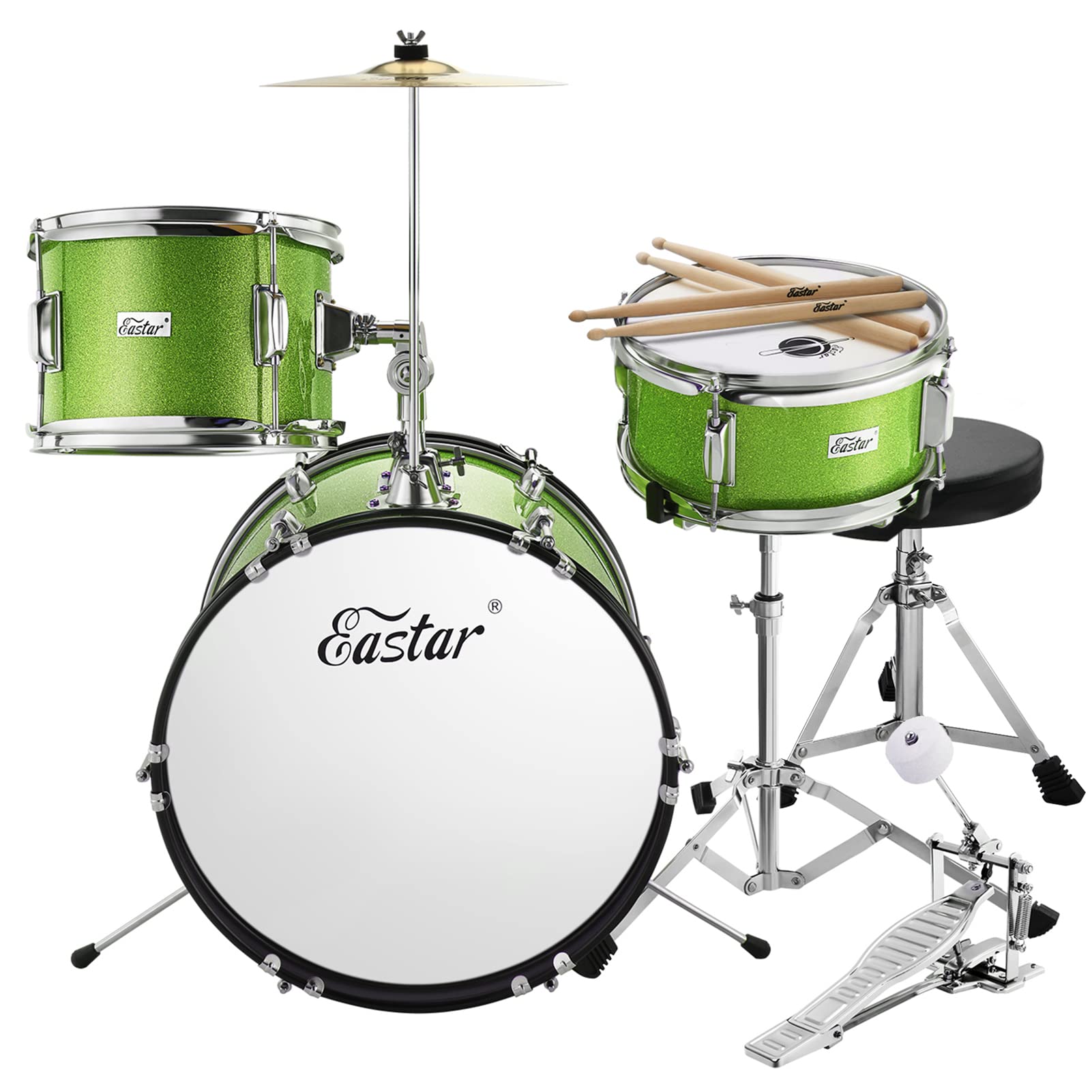 Eastar 16 Inch 3-Piece Kids Drum Set - Junior Drum Kit with Throne, Cymbal, Pedal & 2 Pairs of Drumsticks, Metallic Green (EDS-280G) - Perfect for Children's Music Education, Birthday Gifts & Home Play