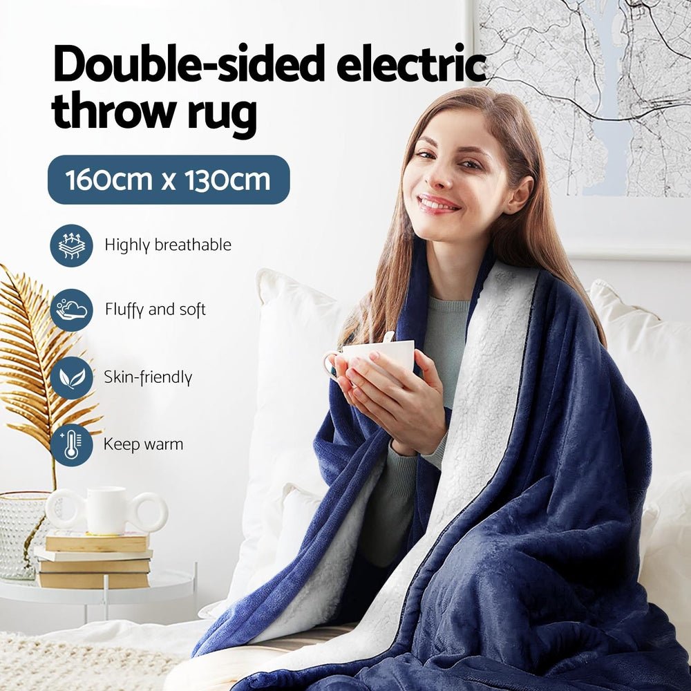 Electric Heated Blanket - Washable Flannel Throw Rug for Winter, Navy Blue - Cozy Warmth for Bed, Sofa & Office Use