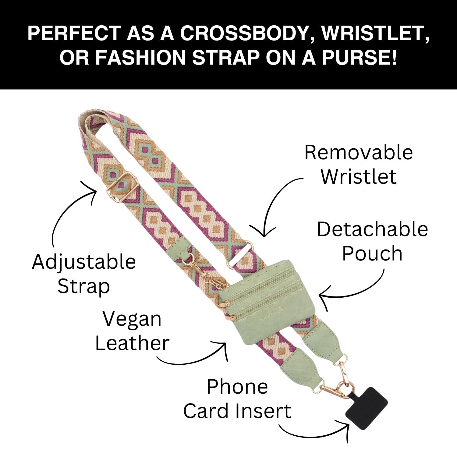 Original Clip and Go Phone Strap (Green/Purple Pattern) - Crossbody Phone Lanyard with Zipper Wallet Pouch - Hands-Free Phone Holder for Travel, Shopping, and Outdoor Activities