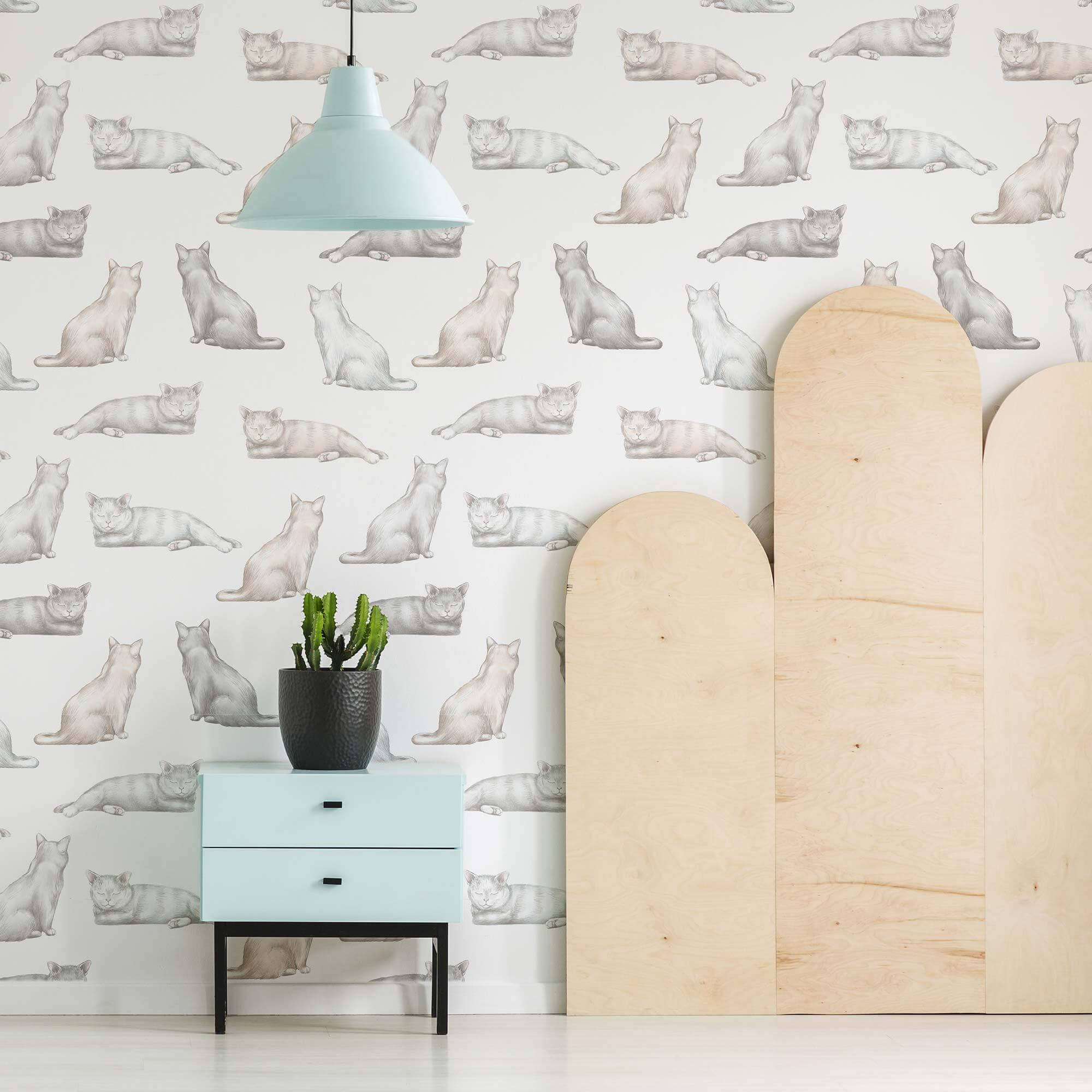 Grey Cat Peel and Stick Removable Wallpaper - Self-Adhesive Decorative Wall Covering for Bedroom, Nursery, or Office Decor