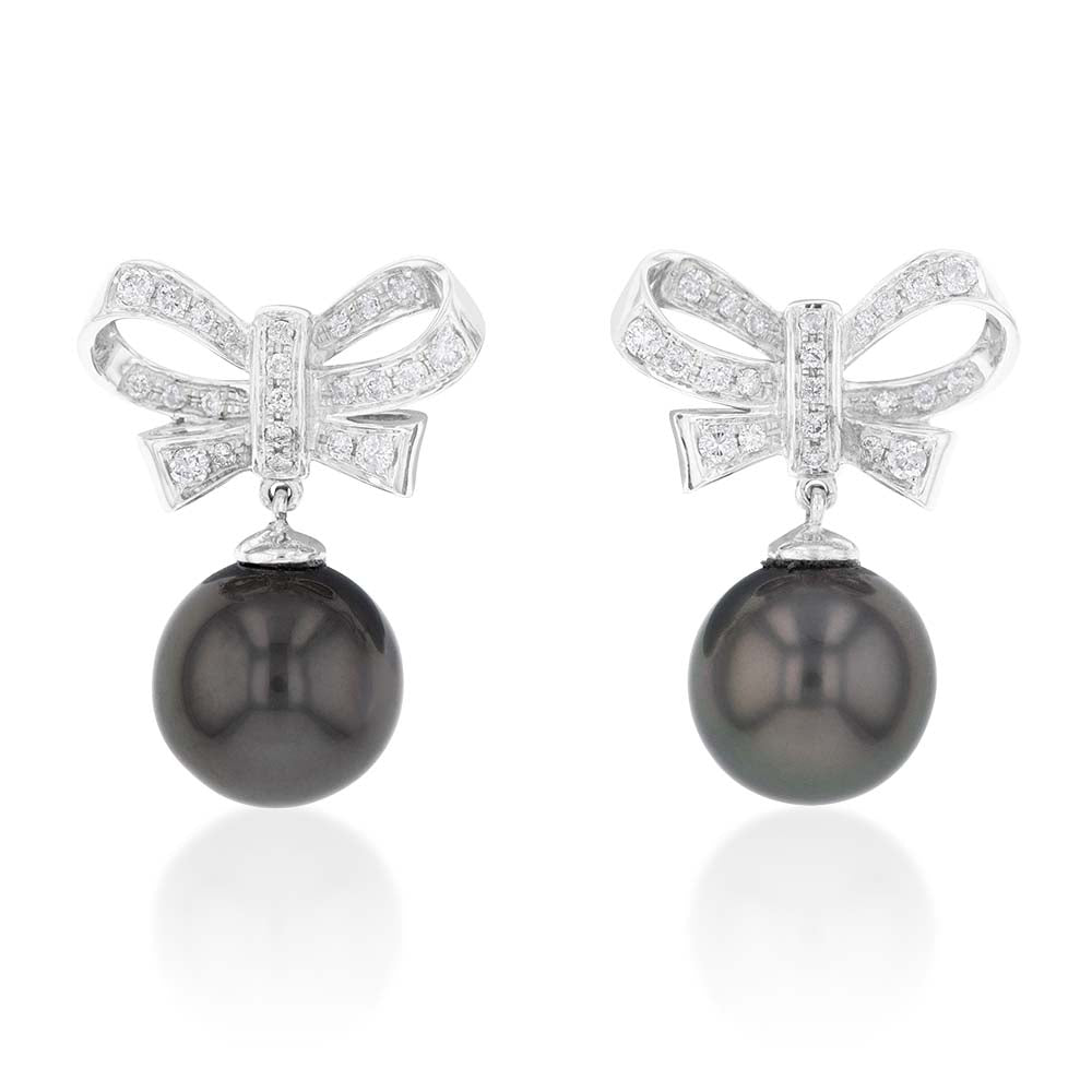 9ct White Gold Tahitian Bow Pearl Earrings with 46 Diamonds - Elegant Jewelry for Weddings, Parties & Special Occasions