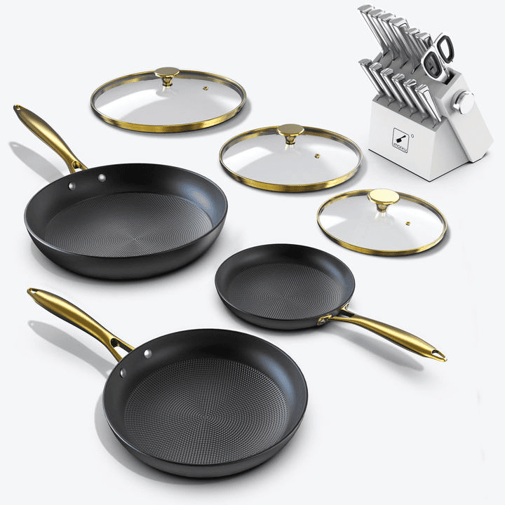 Premium High Carbon Stainless Steel Knife Set & Cast Iron Nonstick Frying Pan with Lid - Professional Kitchen Cutlery & Cookware for Home Chefs, Camping, Outdoor Cooking & Everyday Meal Prep
