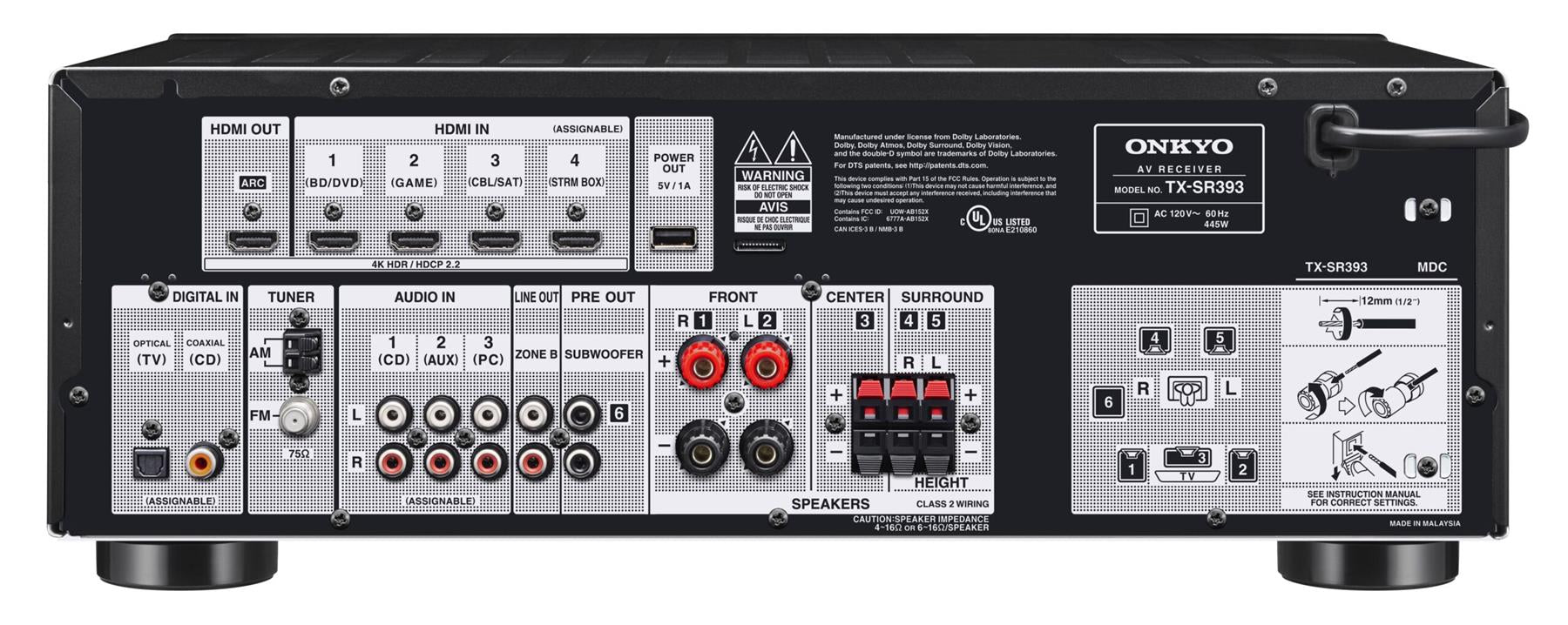 Onkyo TX-SR393 5.2 Channel Dolby Atmos AV Receiver - Home Theater Surround Sound System for Movies, Music & Gaming
