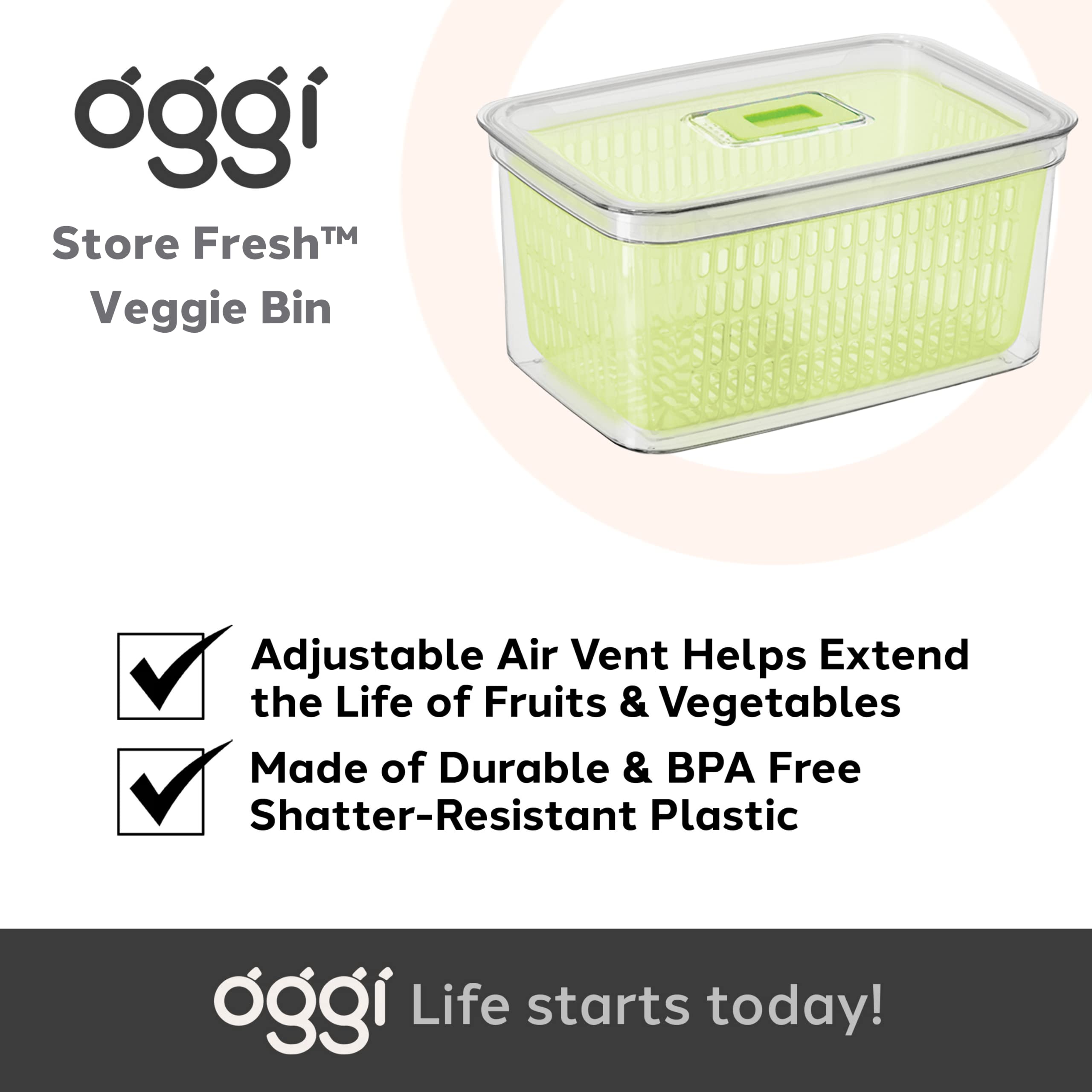 Oggi Store Fresh Veggie Bin - Clear Refrigerator Organizer Bins for Vegetables, Kitchen Storage Containers & Food Organization | Perfect for Fridge, Pantry & Meal Prep Organization