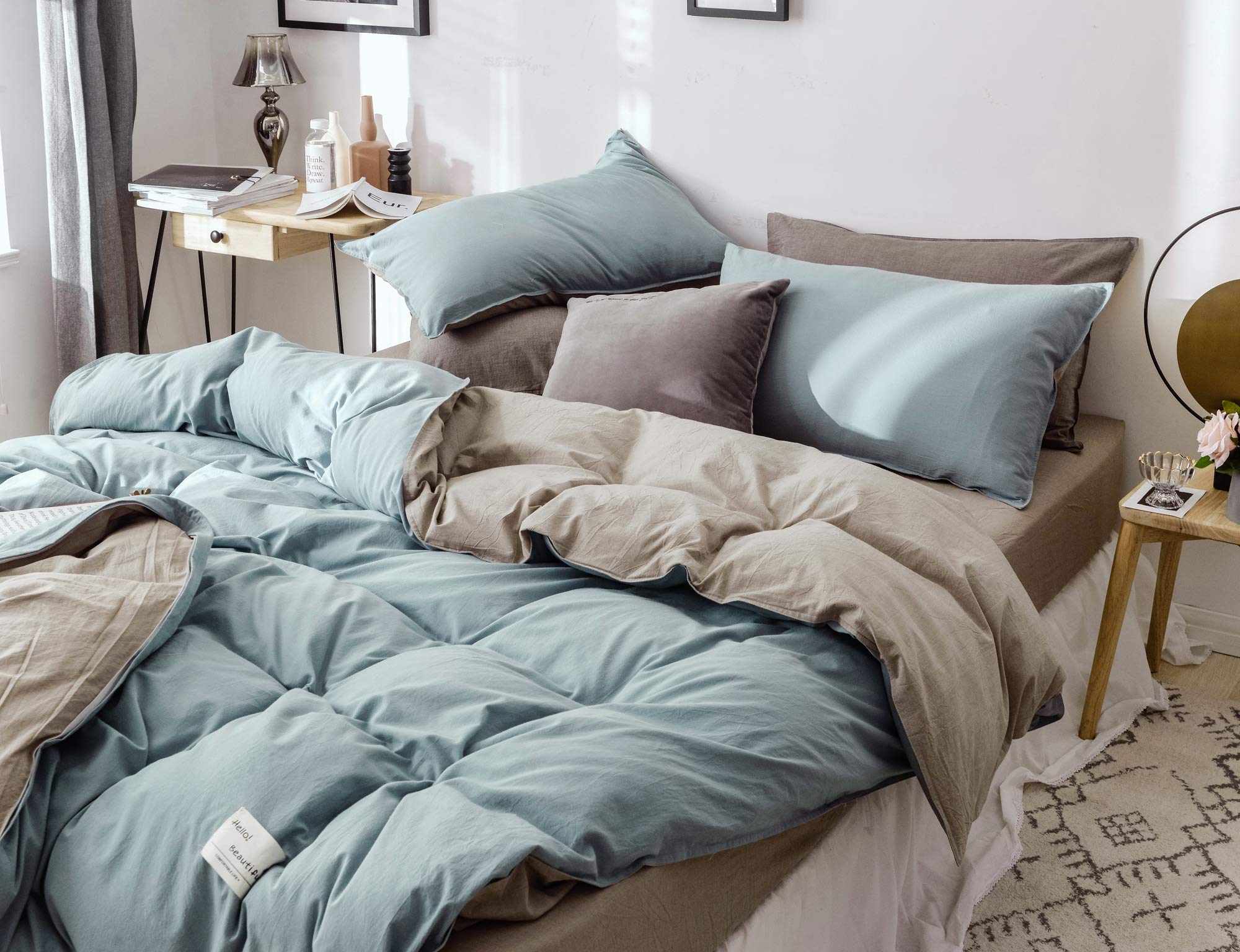 Premium 100% Cotton 200 Thread Count Duvet Cover Set - California King Size (Blue-Grey & Brown) with 2 Pillowcases | MOON'S SLEEPWARES Herse Series | Soft & Breathable Bedding for Luxurious Comfort - Perfect for Master Bedrooms, Guest Rooms & Hotels