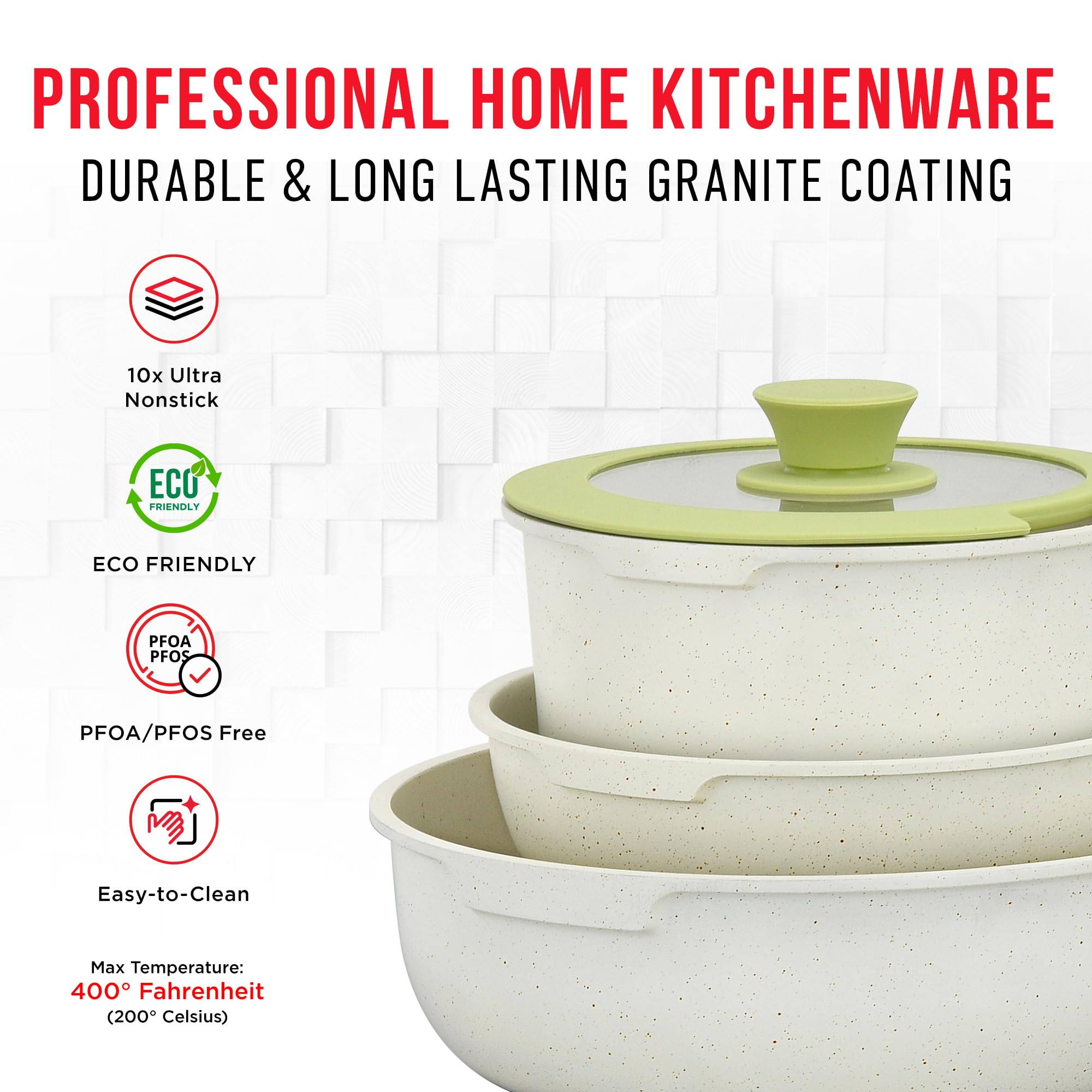 15-Piece Non-Stick Cookware Set with Detachable Handles - Granite Coated Stackable Pots & Pans, Dishwasher & Oven Safe, Induction Compatible for All Stovetops - Green/Cream Kitchen Essentials for Cooking, Baking & Meal Prep