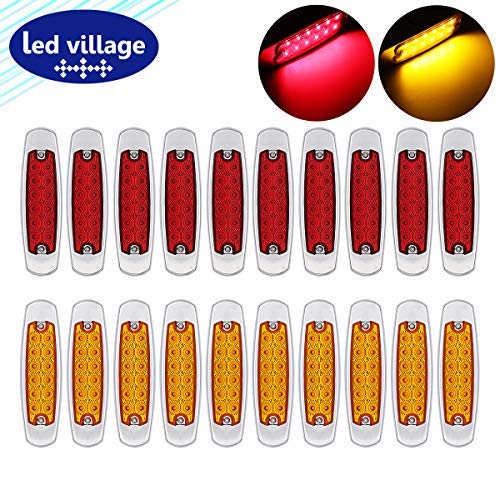 20-Pack 24V DC 6.4 Inch Amber & Red LED Flush Mount Clearance Lights - 12 Diodes, Fish Shape Side Marker Lights for Heavy Trucks (Peterbilt/Kenworth Style) with Chrome Housing - Super Bright for Trailers, Semi Trucks, RVs & Commercial Vehicles