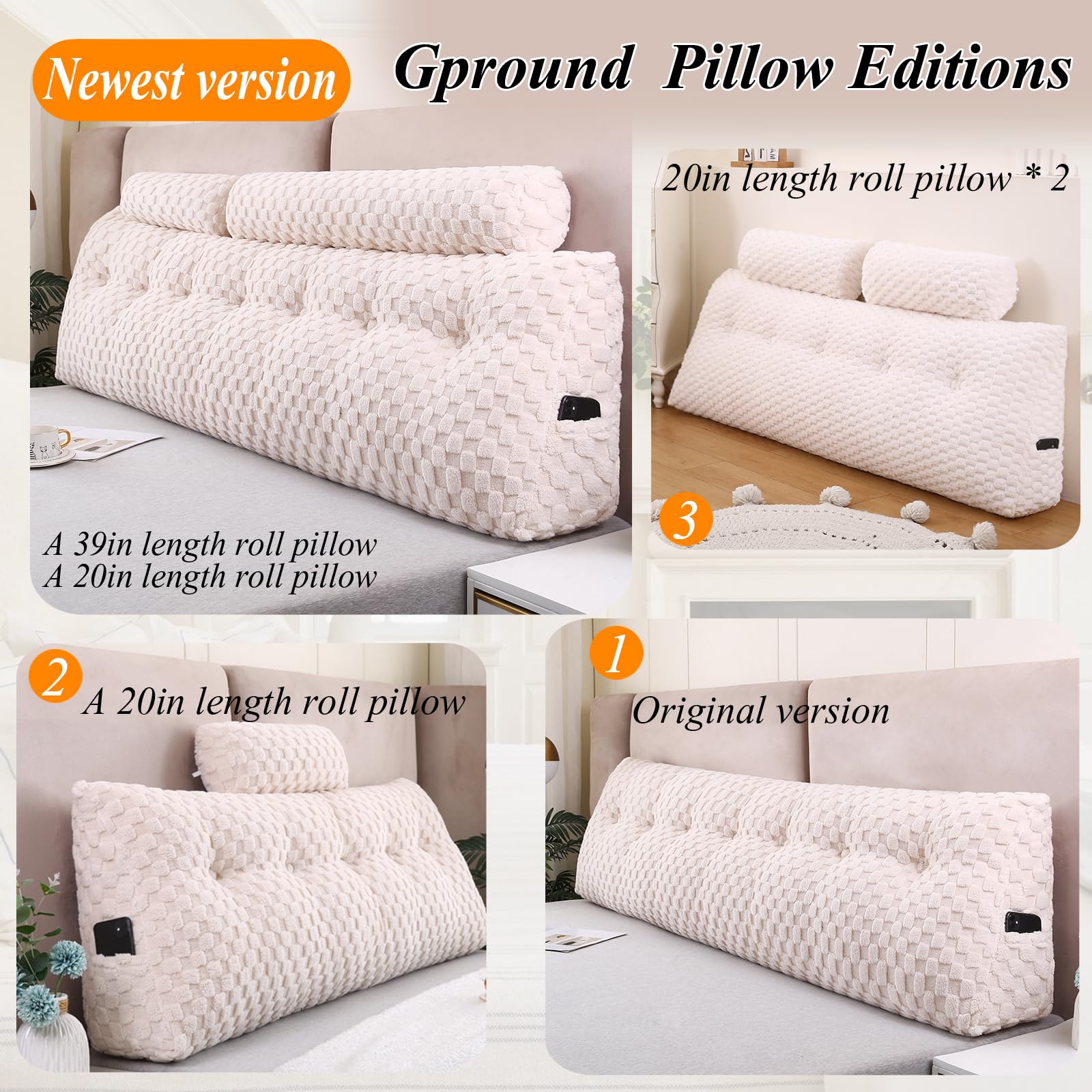 Wedge Headboard Pillows Set - Long & Short Bolster Pillows for Bed Backrest, Sitting Comfort - Perfect for Reading, Watching TV, or Relaxing in Bed