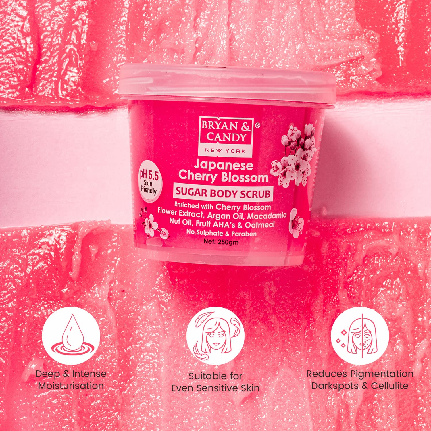 Bryan & Candy Cherry Blossom Sugar Body Scrub - PH 5.5 Exfoliating Scrub for Tan Removal & Dead Skin | Enriched with Macadamia & Argan Oil | Gentle Exfoliation for Knees, Elbows & Ankles | Unisex Skincare - 250g | Perfect for Post-Workout Refresh & Pre-Self Care Routine