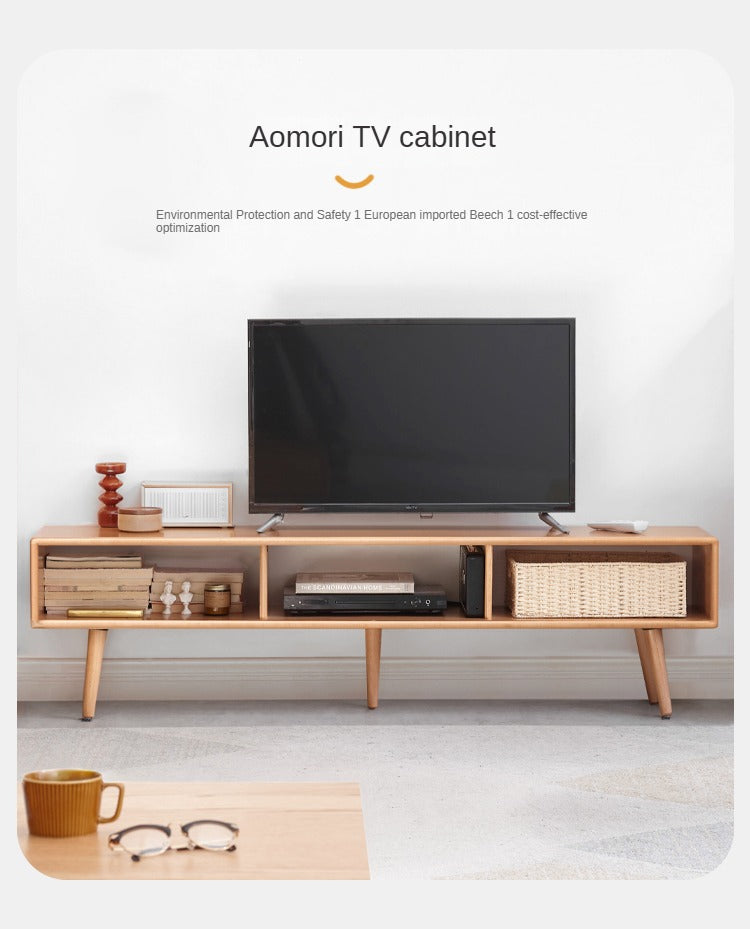 Solid Beech Wood TV Stand with Open Storage - Modern Entertainment Center for Living Room, Bedroom & Home Theater
