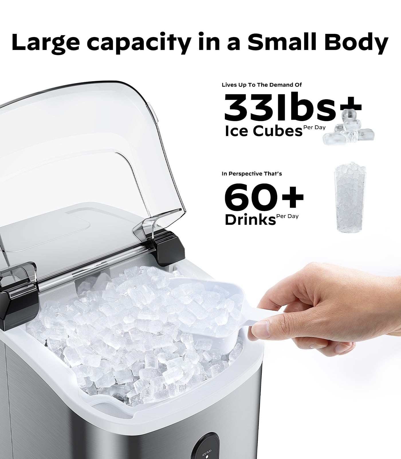 Silonn Countertop Nugget Ice Maker - Chewable Pellet Ice Machine with Self-Cleaning Function, Portable Pebble Ice Maker with Ice Scoop for Home, Kitchen, Office - Stainless Steel | Perfect for Cocktails, Sodas & Entertaining Guests