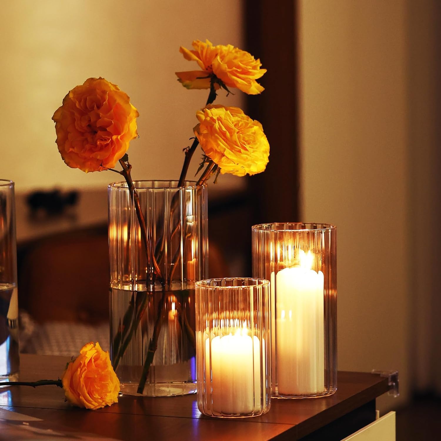 9-Piece Ribbed Glass Hurricane Candle Holders Set - 6'', 8'', 10'' Tall Cylinder Vases for Pillar Candles - Elegant Centerpieces for Weddings, Dining Tables & Home Decor