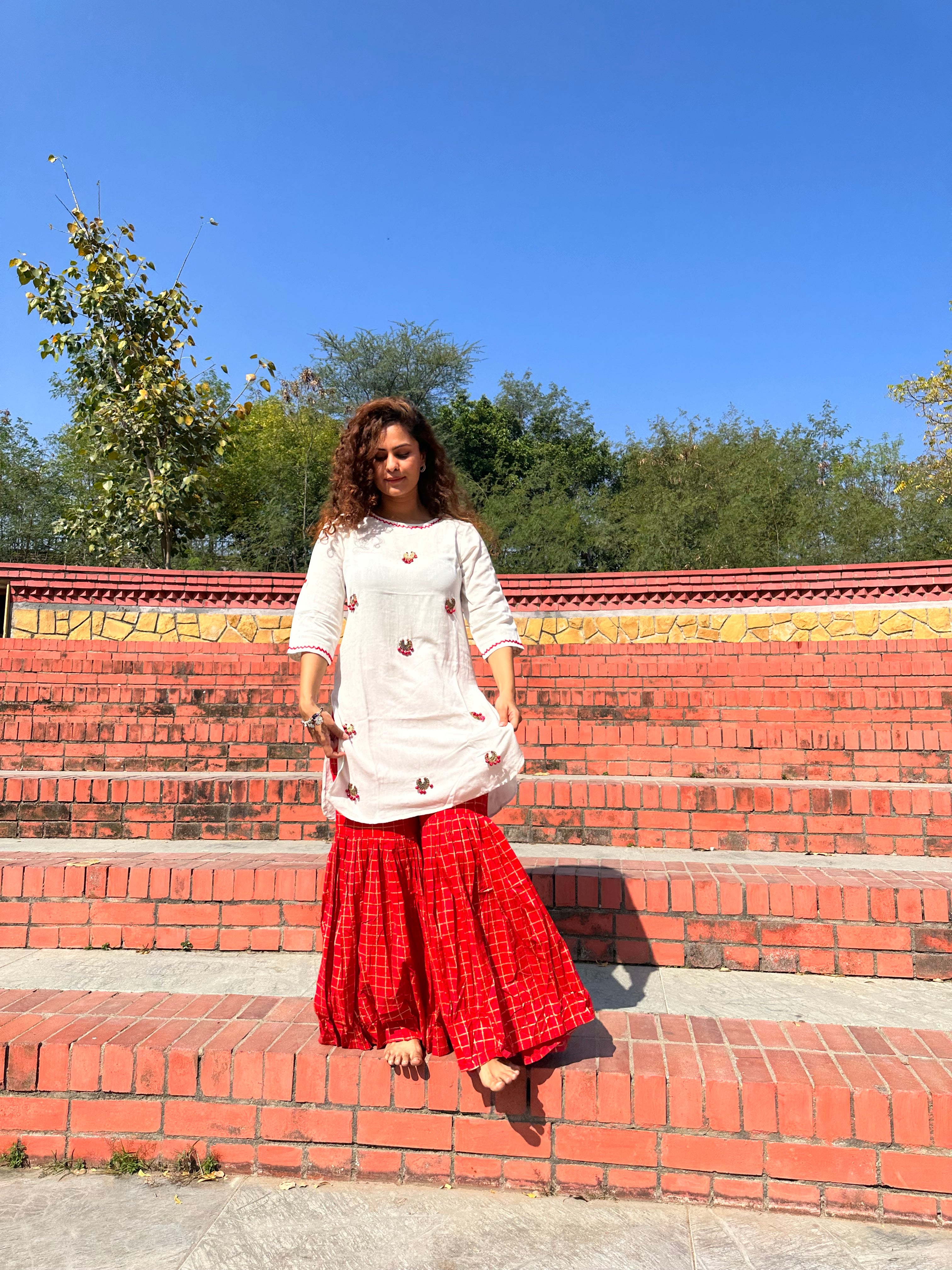 Elegant White and Red Sharara Kurta Set for Women | Traditional Pakistani Indian Outfit | Perfect for Weddings, Festivals & Special Occasions