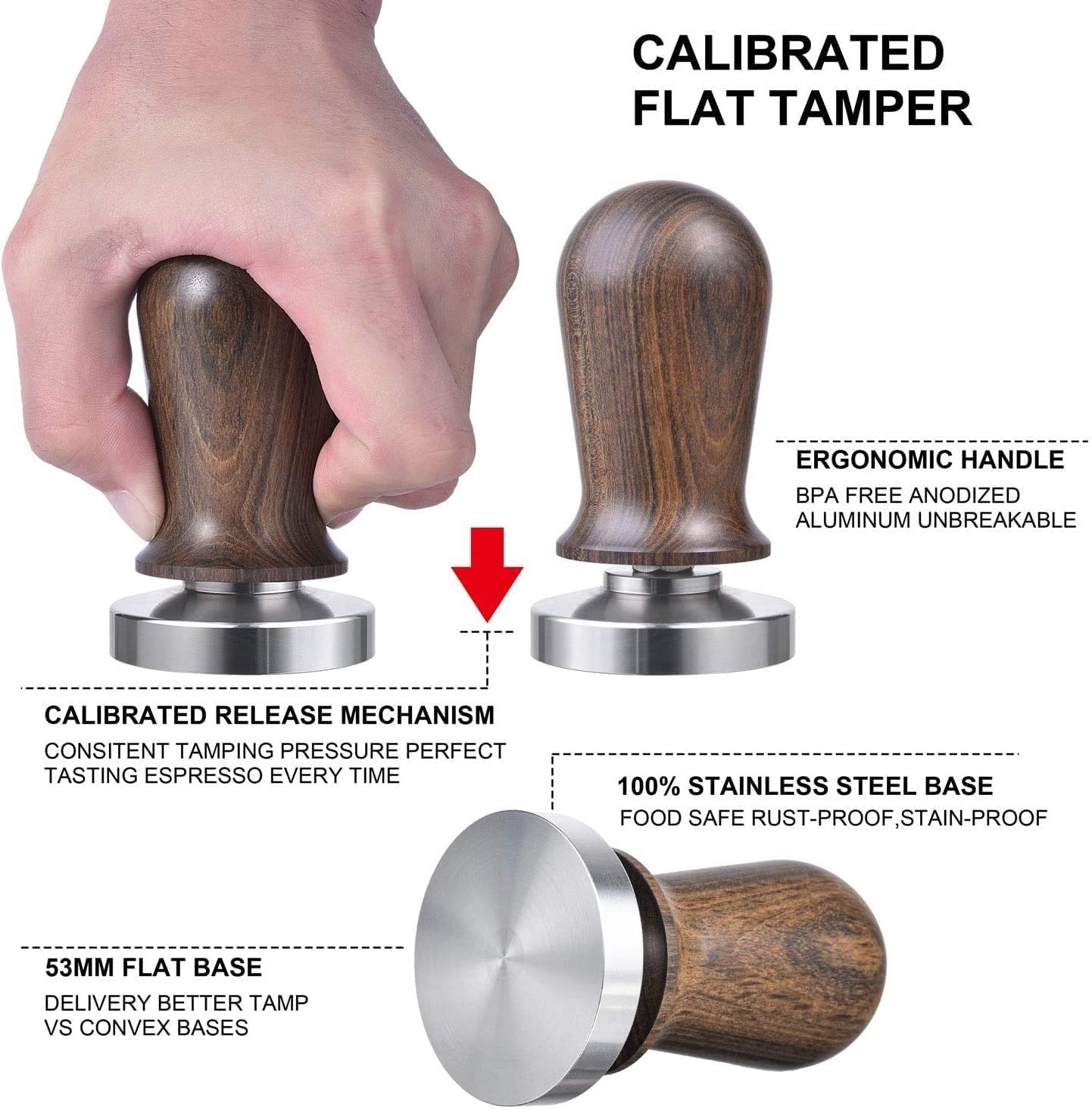 Premium 51/53/58MM Espresso Coffee Tamper - 304 Stainless Steel Flat Base with Ergonomic Handle - Professional Barista Accessory for Perfect Coffee Grounds (Ideal for Home Brewing & Café Use)