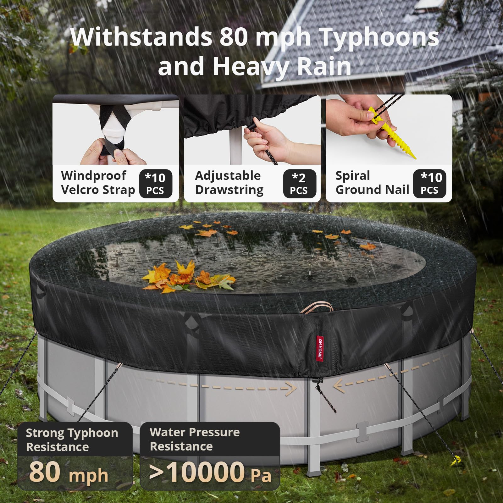 QH.HOME 21 Ft Round Winter Pool Cover for Above Ground Pools - Heavy Duty 634N Tear Resistant & 500D Dense Fabric - Solar Swimming Pool Cover with Fade & Wind Protection - Black - Perfect for Winterizing and Protecting Your Above Ground Pool from Debris and Harsh Weather