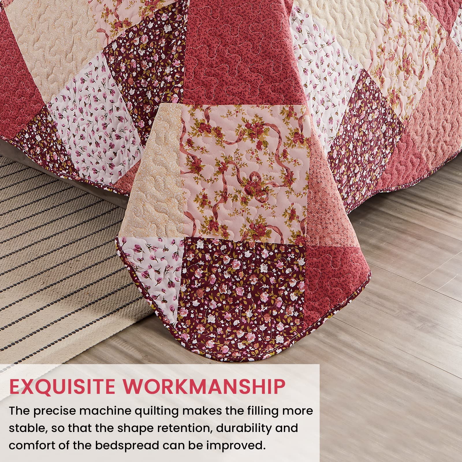 Soft Reversible Floral Quilt Blanket - 50x60 Inch Microfiber Patchwork Throw - Red, Pink & White Shabby Chic Design - Lightweight Bedding for Sofa, Bed & Nursery Decor - Cozy Home & Gift Idea