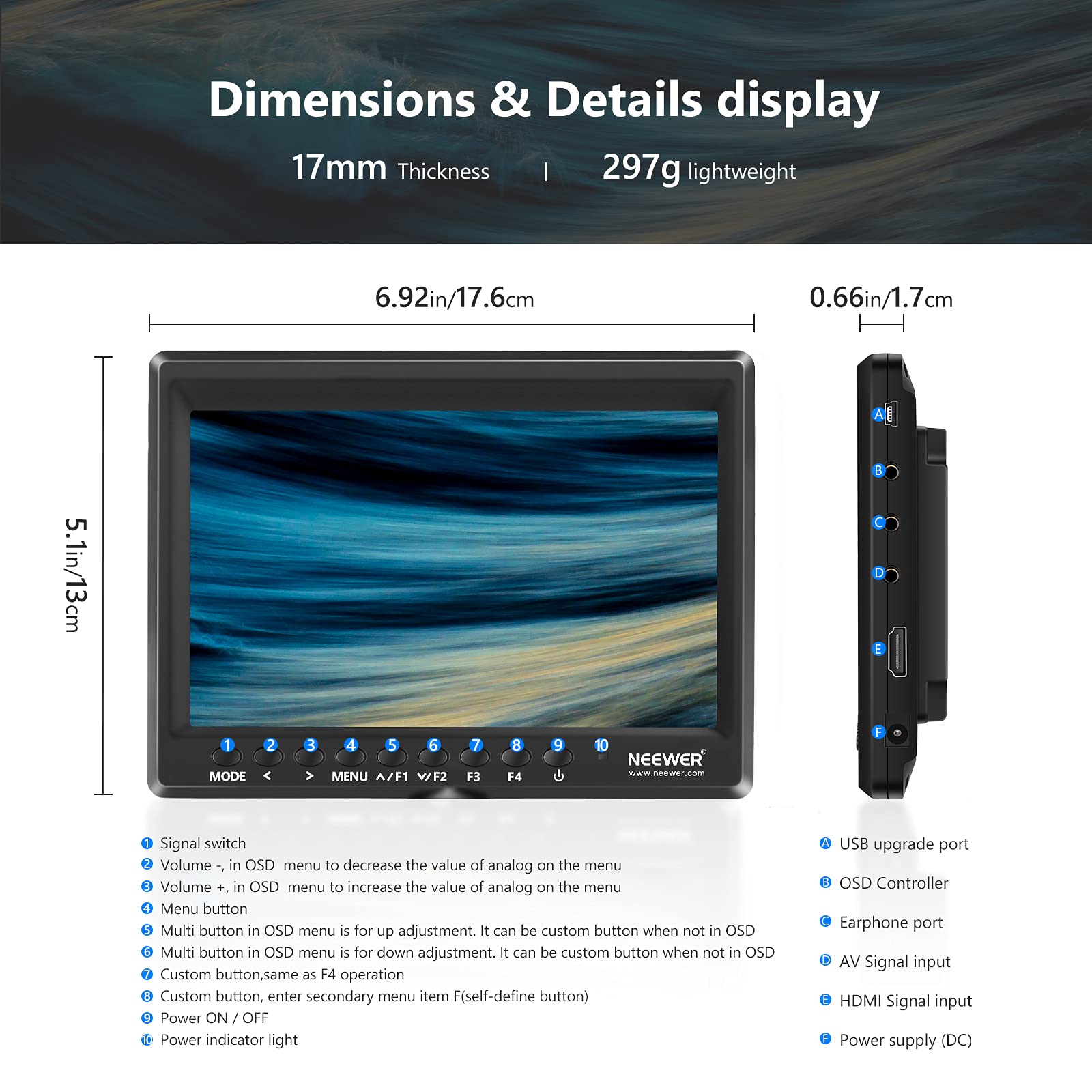 Neewer F100 7 Inch HD IPS Camera Field Monitor 1280x800 HDMI Input 1080p Video Assist with 2600mAh Li-ion Battery, USB Charger & Carrying Case - Perfect for DSLR Cameras, Stabilizers, Film Rigs, and Professional Video Production