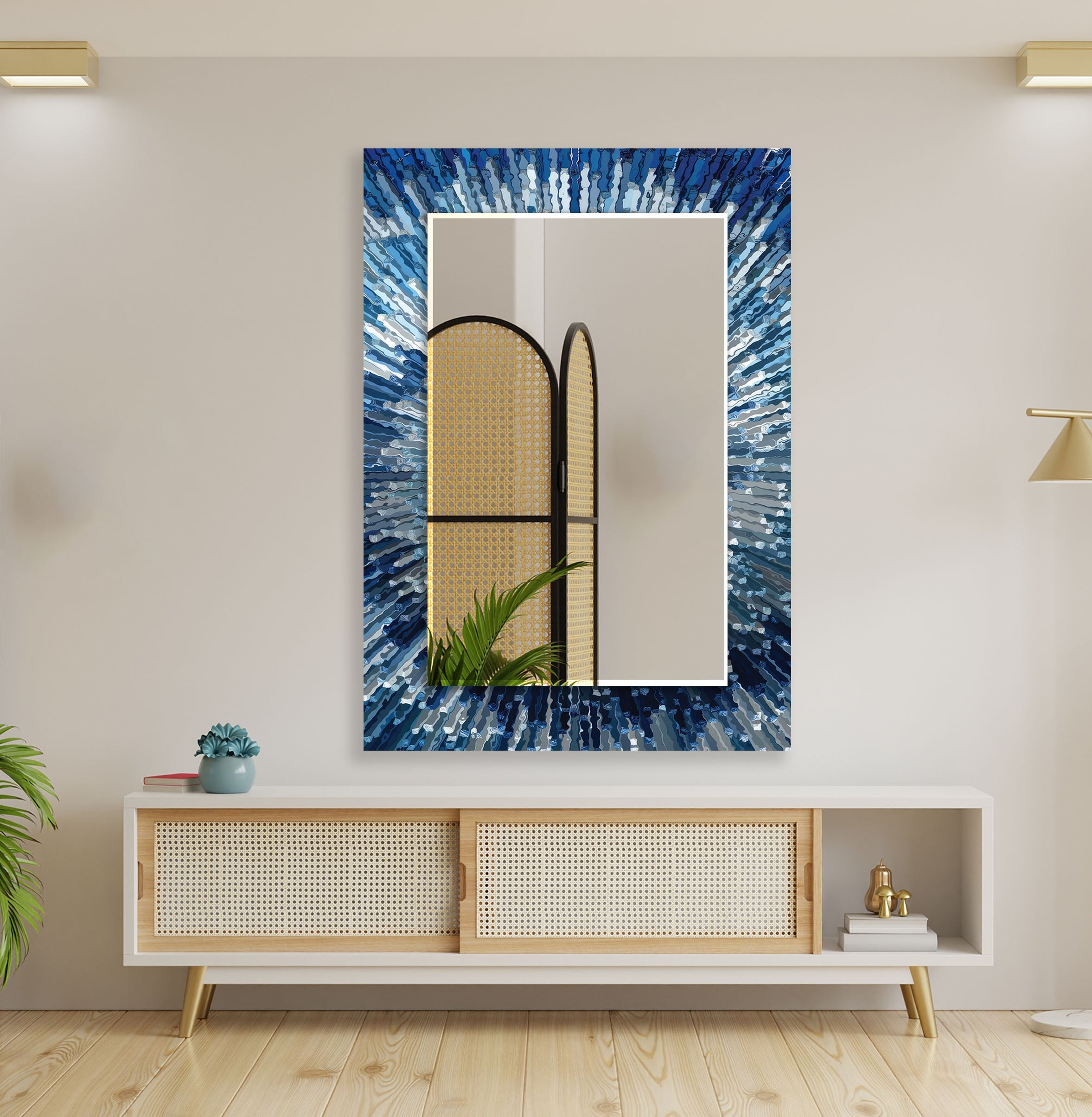 Round Wall Mirror with Blue Splash Design - Elegant Home Decor for Living Room, Bedroom, or Bathroom