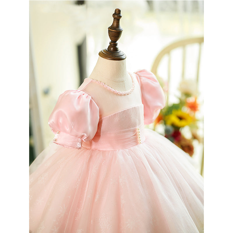 Pink Satin Princess Flower Girl Dress with Beaded Sequin Details - Puff Sleeve Knee-Length Formal Dress for Weddings, Parties & Special Occasions
