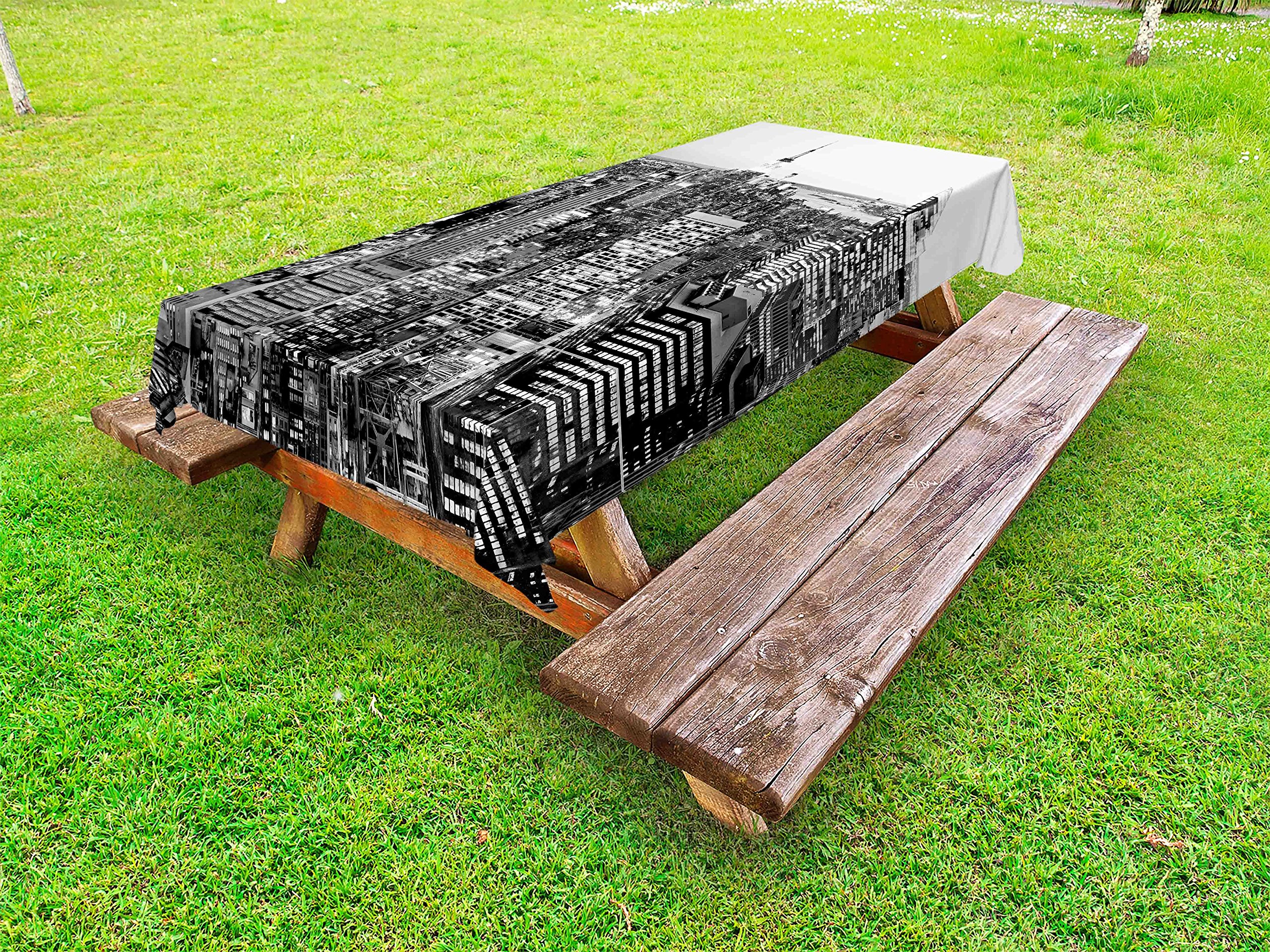 Ambesonne New York Themed Outdoor Tablecloth - Manhattan Skyline Black & White Photo Print, Washable Picnic Table Cover 58x104 Inches, Grey - Perfect for BBQs, Garden Parties & Outdoor Dining
