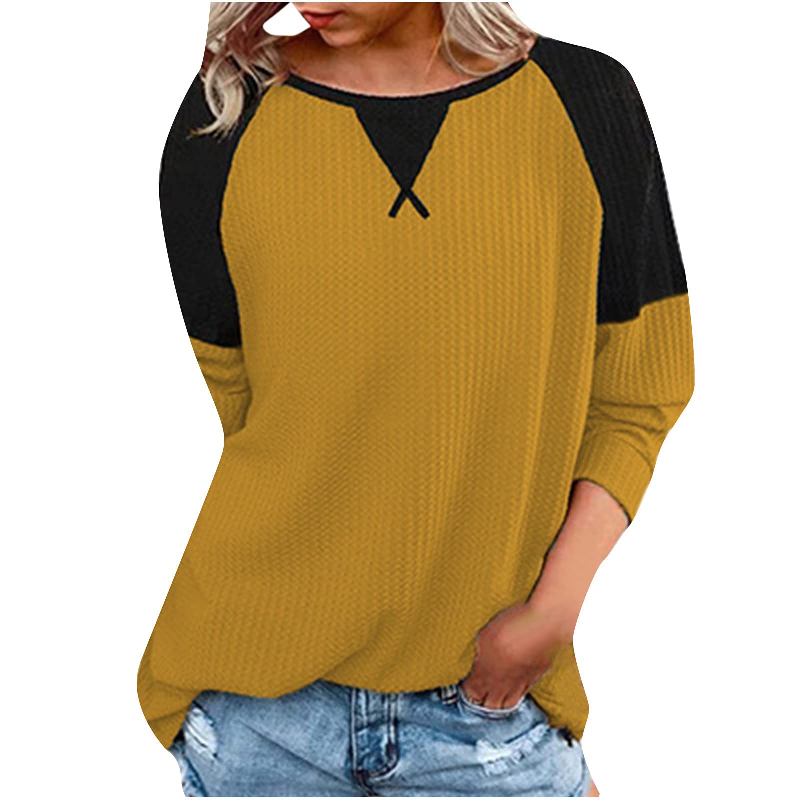Women's Fall Waffle Knit Long Sleeve Loose Color Block Sweater Pullover - Casual Comfort Sweatshirt Blouse Tunic Top for Autumn Layering & Cozy Outfits
