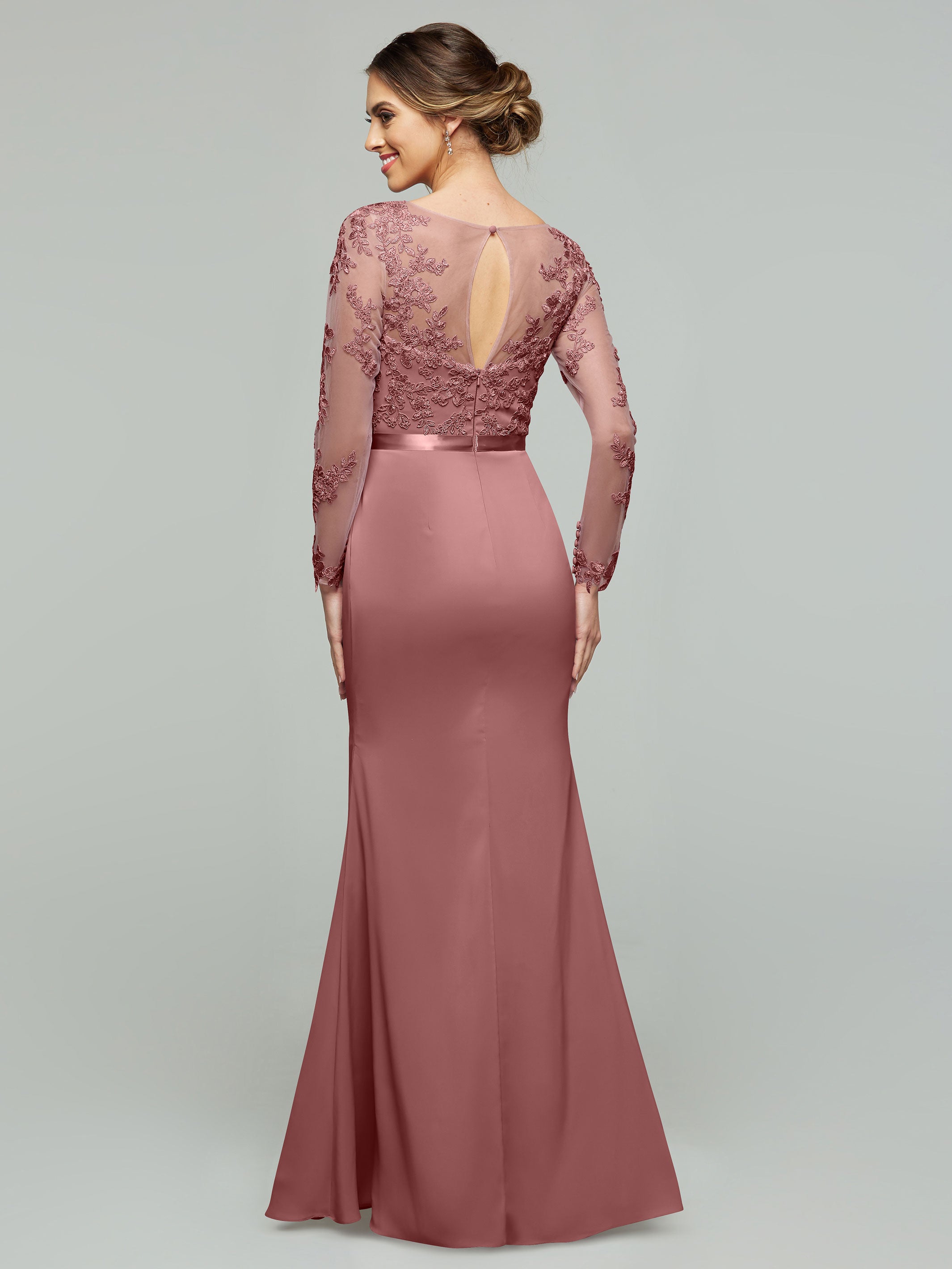 Elegant 80190 Chiffon & Lace Mermaid Bridesmaid Dress with Illusion Long Sleeves - Perfect for Weddings, Proms & Formal Events