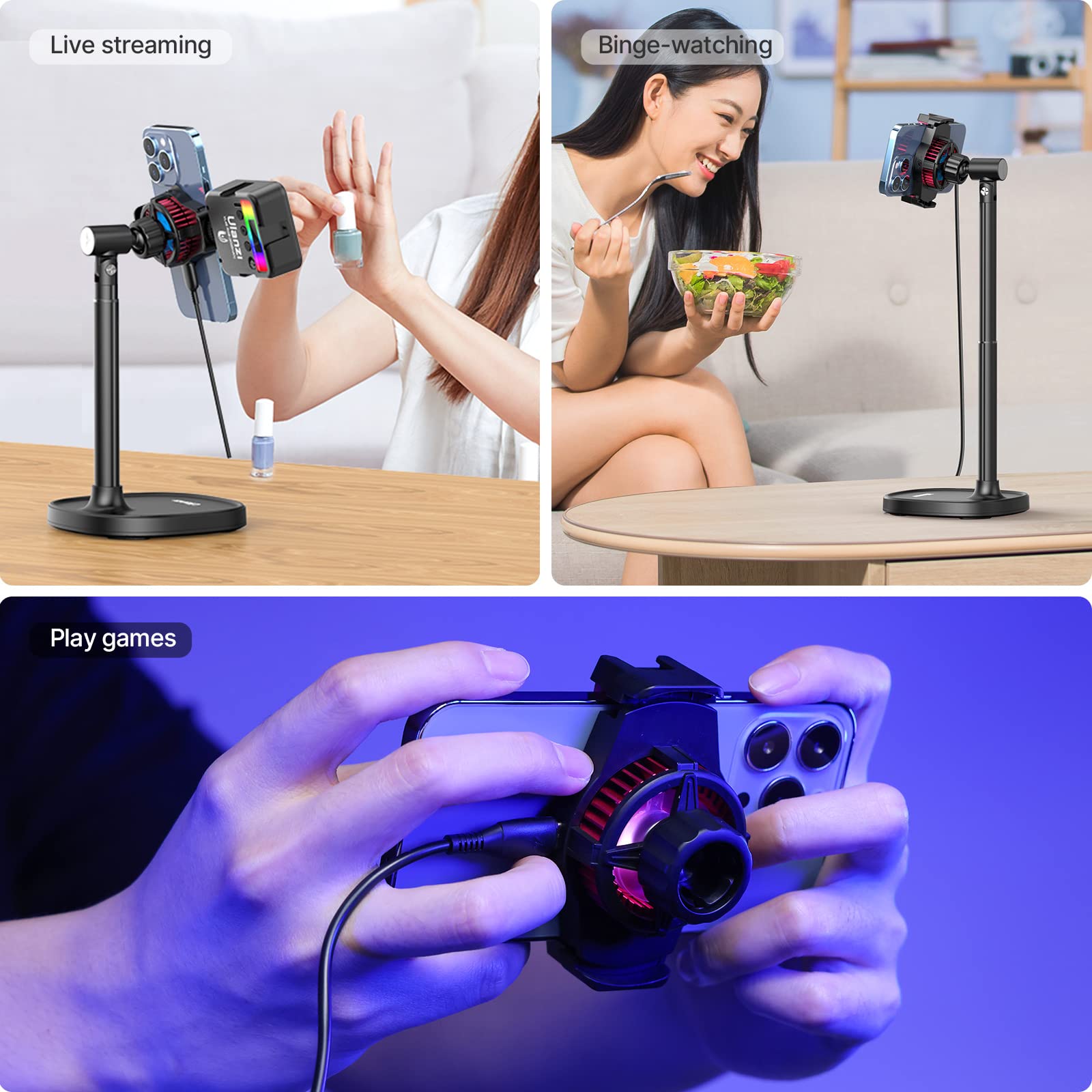ULANZI SK-06 Adjustable Phone Stand with Cooling Fan - Universal Desktop Phone Holder for iPhone & Android - Perfect for Live Streaming, Gaming & Video Calls