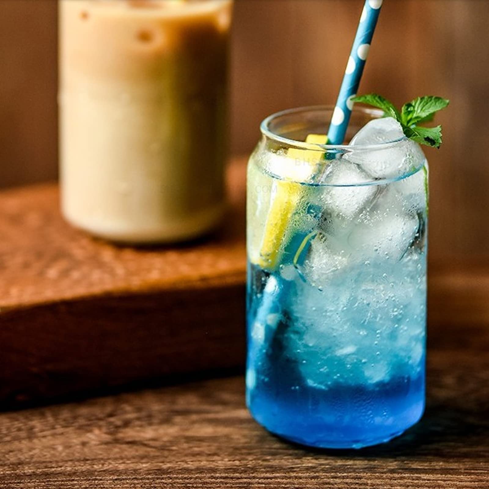 XHONG 2 Pack Beer Can Shaped Glasses with Bamboo Lids & Glass Straws - 16oz Clear Tumbler Cups for Iced Coffee, Juice, Soda, Cocktails & Cold Drinks - Perfect for Home Bars, Parties & Outdoor Gatherings