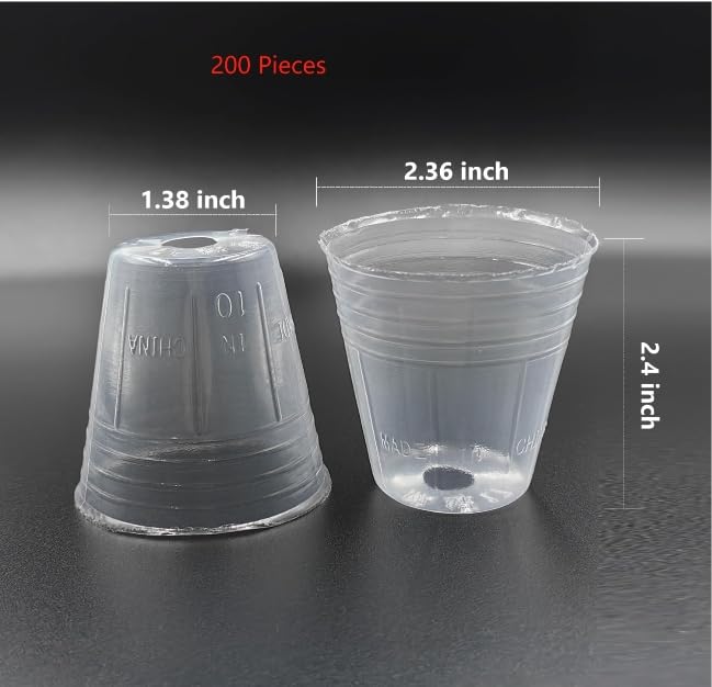 200-Pack 2 Inch Clear Plastic Seed Starter Pots with Drainage Holes - Transparent Round Germination Containers for Indoor Gardening, Herb Growing & Plant Propagation (2.36 Inch Diameter) - Perfect for Windowsill Gardens, Greenhouses & Hydroponic Systems