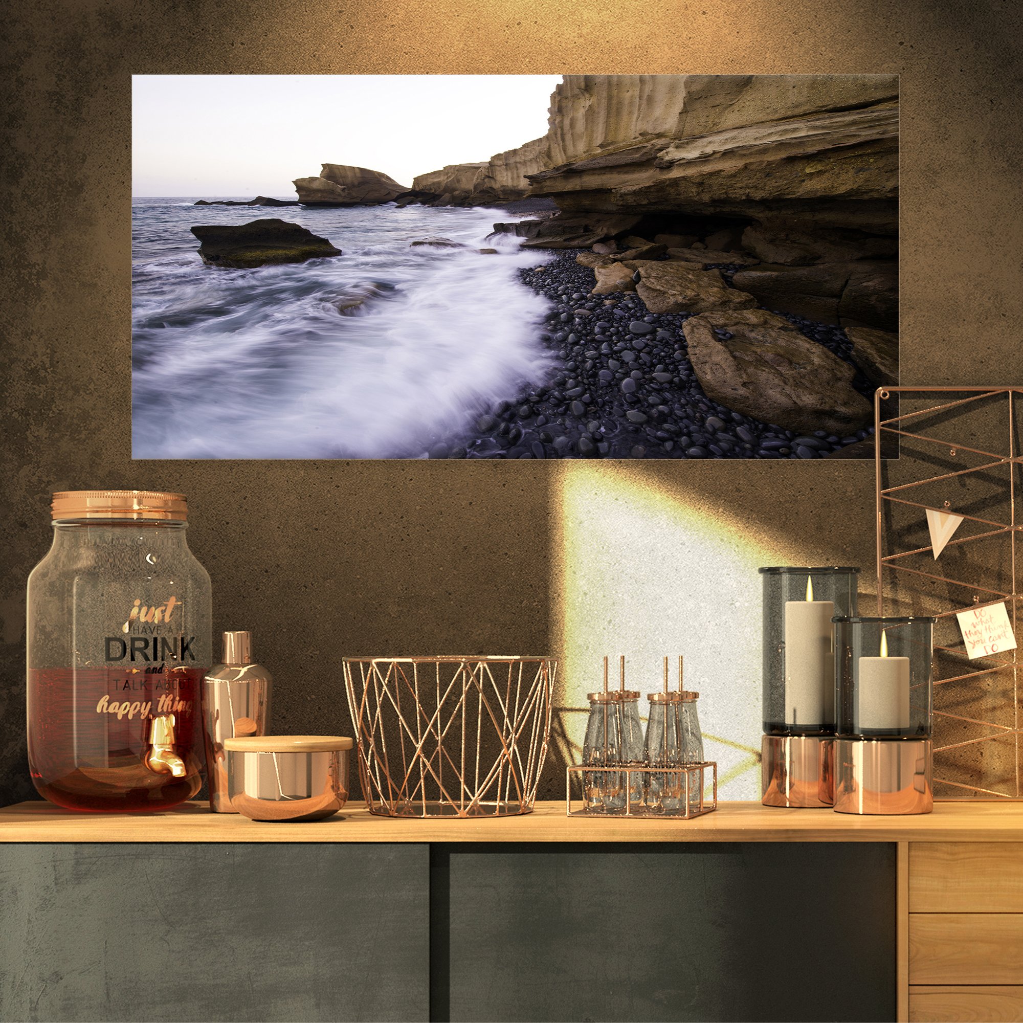 Rolling Stones at Beach Seashore Canvas Art Print - 32x16 Inch Blue Wall Decor - Perfect for Living Room, Bedroom & Office Decor