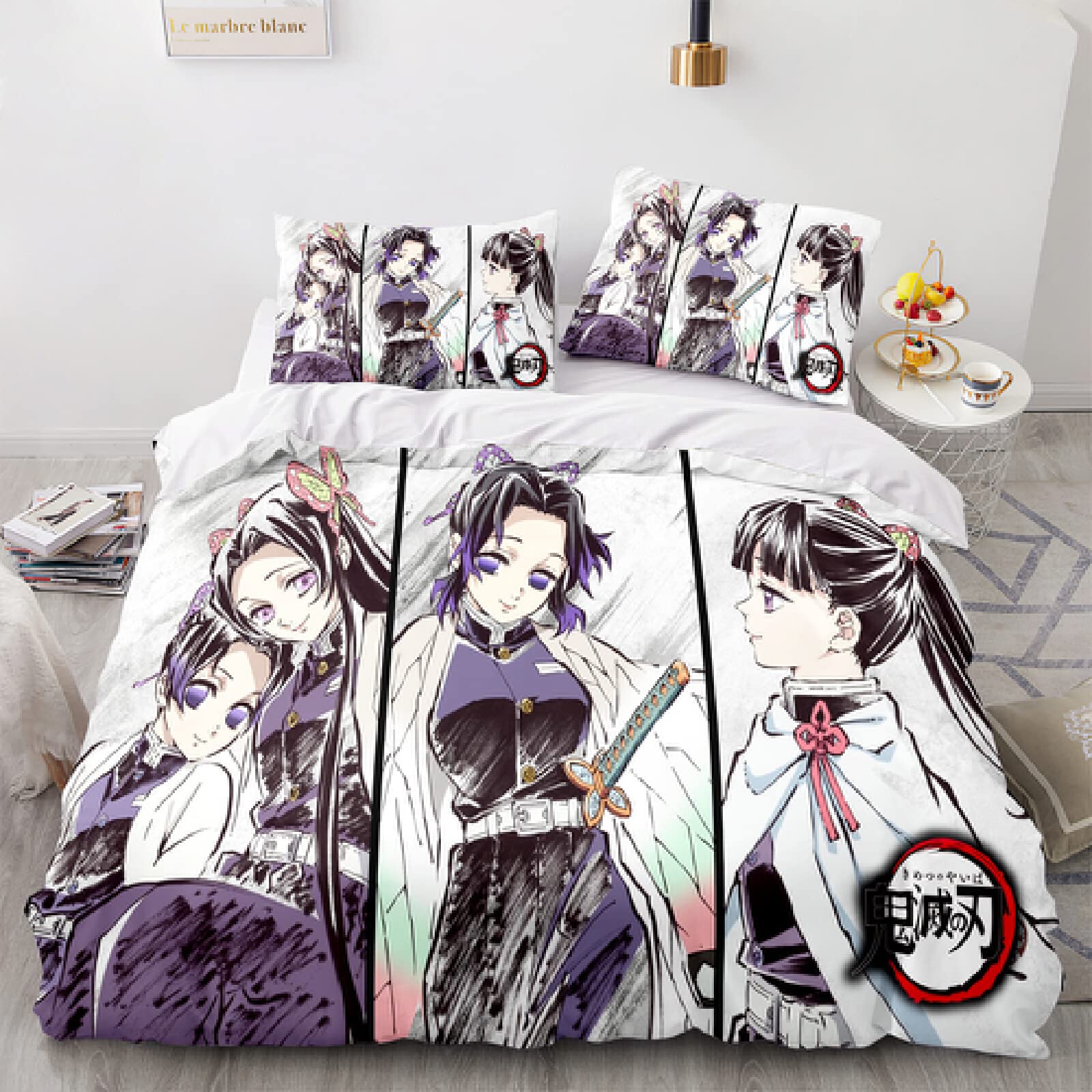 Anime Demon Slayer Kochou Shinobu Queen Comforter Set - Japanese-Style Cartoon Bedding, Twin/King Duvet Cover with Pillowcases, 3-Piece Home Decor for Anime Fans & Otaku Culture Enthusiasts - Perfect for Bedrooms, Dorm Rooms, and Themed Gift Giving