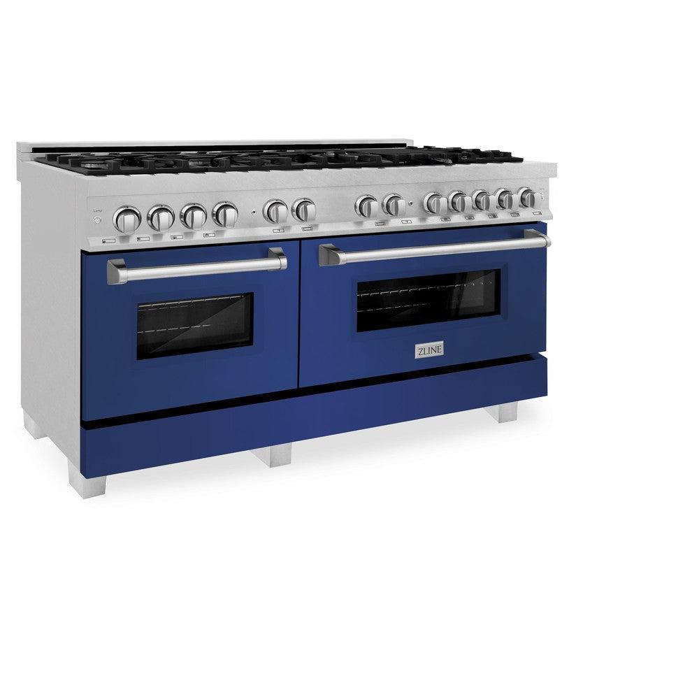 ZLINE 60-Inch 7.4 cu.ft Dual Fuel Range with 9-Burner Gas Cooktop & 2 Electric Convection Ovens - Satin Stainless Steel with Blue Matte Doors (RAS BM 60) for Professional Home Kitchens and Gourmet Cooking