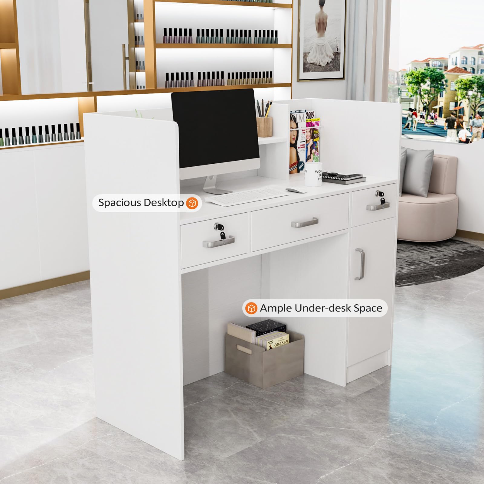 Modern Reception Desk with Lockable Drawers & Adjustable Shelves - 47.2