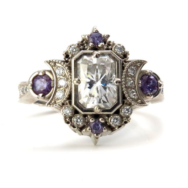 Selene Moon Goddess Engagement Ring Setting - Custom Build Your Own Ring with Chatham & Diamond Side Stones | Perfect for Proposals, Weddings & Unique Jewelry Gifts