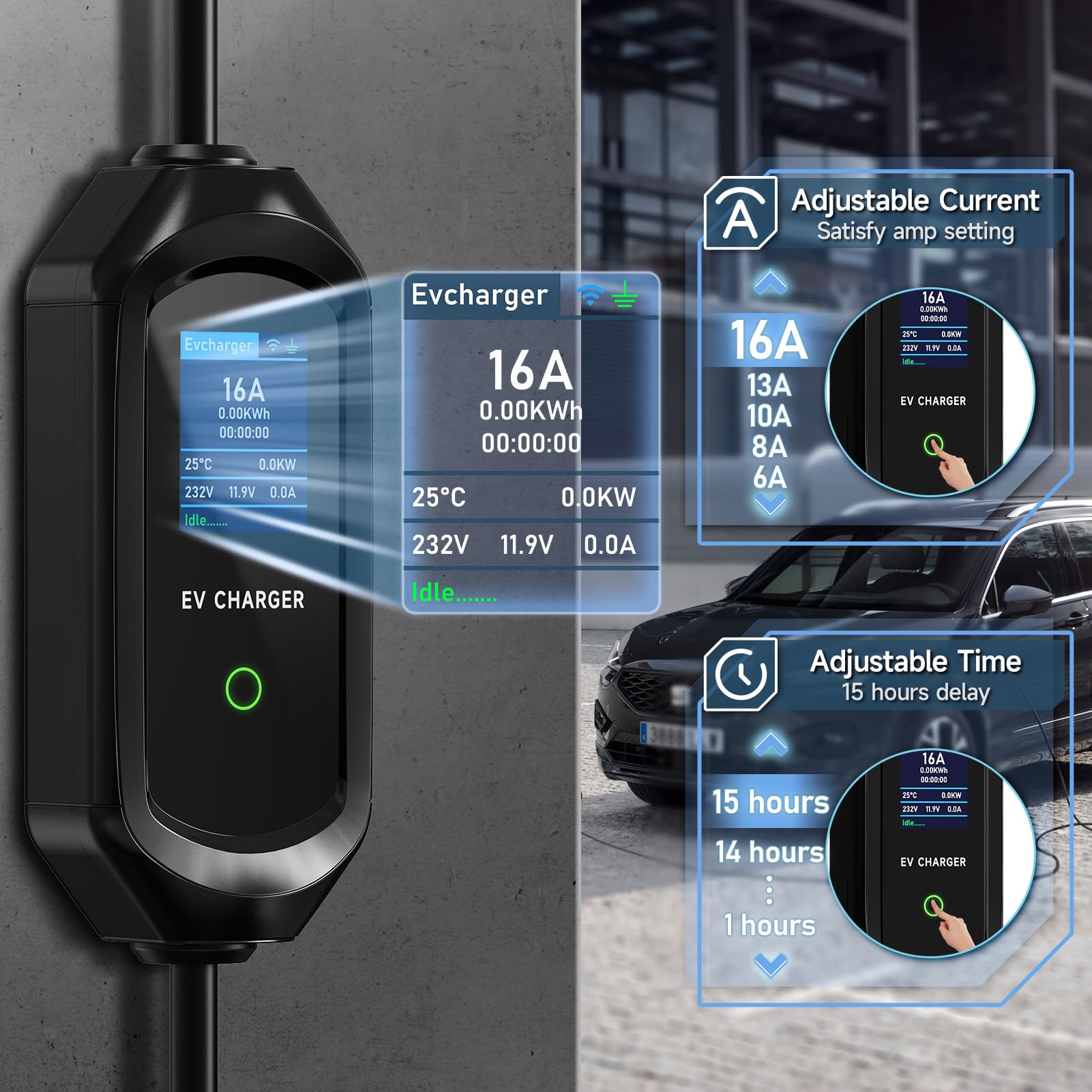 **Level 1 EV Charger - 16Amp Portable Electric Vehicle Charging Station with 25ft J1772 Cable & NEMA 6-20 Plug (Includes 5-15 Adapter) - Ideal for Home, Office & Travel Use**