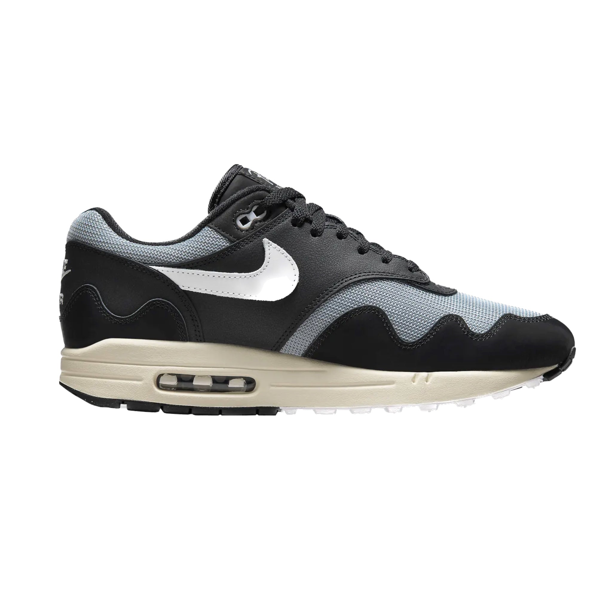 Nike Air Max 1 Patta Waves Sneakers - Black, Metallic Silver, White & Coconut Milk Colorway with Bracelet | Men's Running Shoes for Gym, Workout & Casual Wear