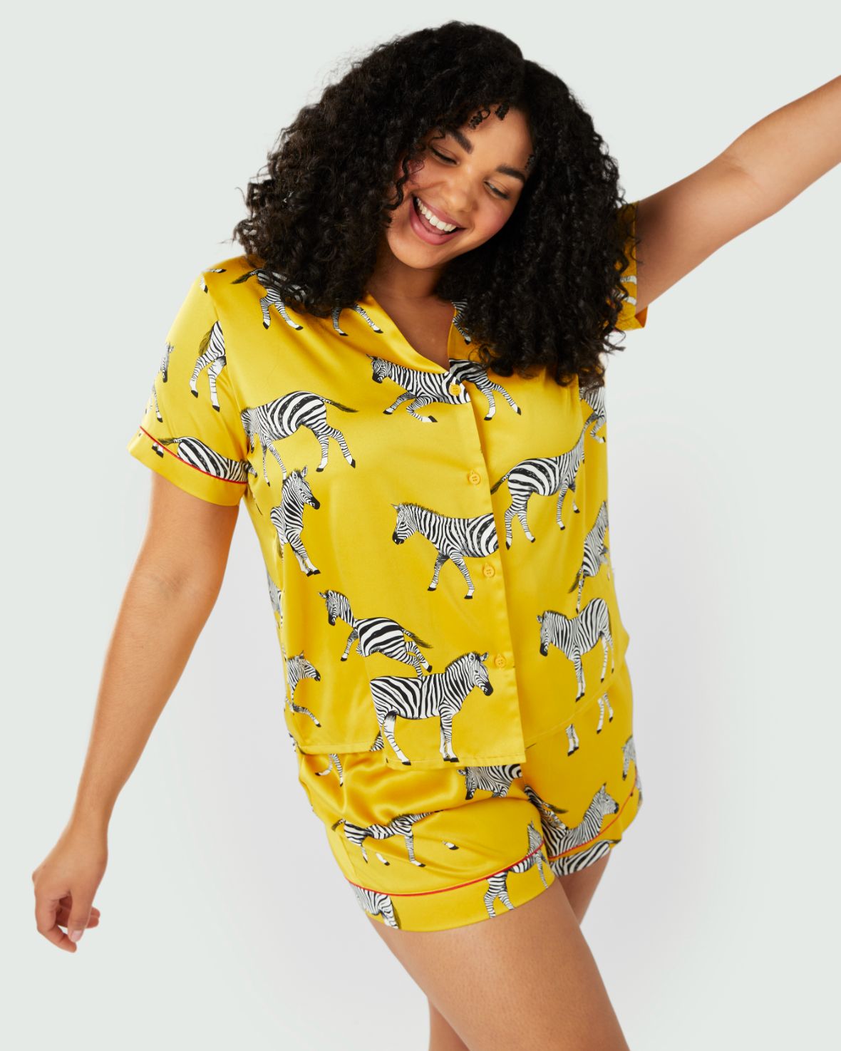 Satin Zebra Print Short Pajama Set for Women - Mustard Yellow - Comfortable Sleepwear for Lounge & Bedtime