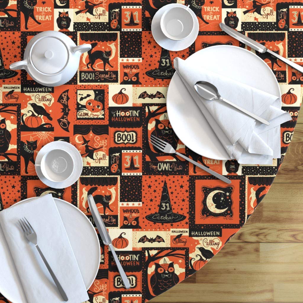 Vintage Halloween Patchwork Cotton Sateen Tablecloth - 70 Inch Round Custom Table Linens with Owl, Ghost, Pumpkin, Witch & Moon Design | Perfect for Halloween Parties, Dining Room Decor & Seasonal Tablescapes