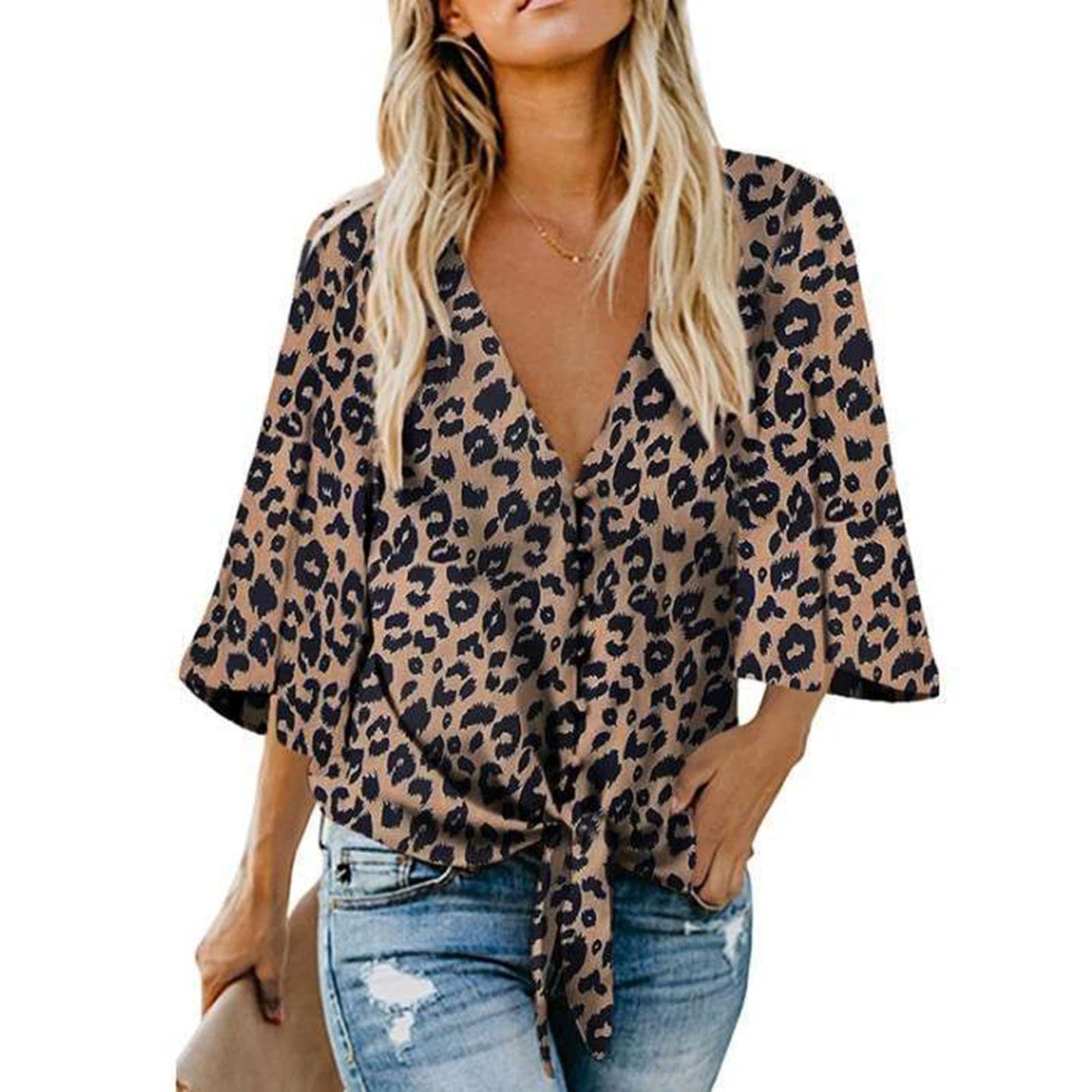 Women's Casual V-Neck Bell Sleeve 3/4 Sleeve Henley Shirt - Trendy Sexy Loose Hawaiian Blouse Tunic for Beach Vacation & Summer Outfits