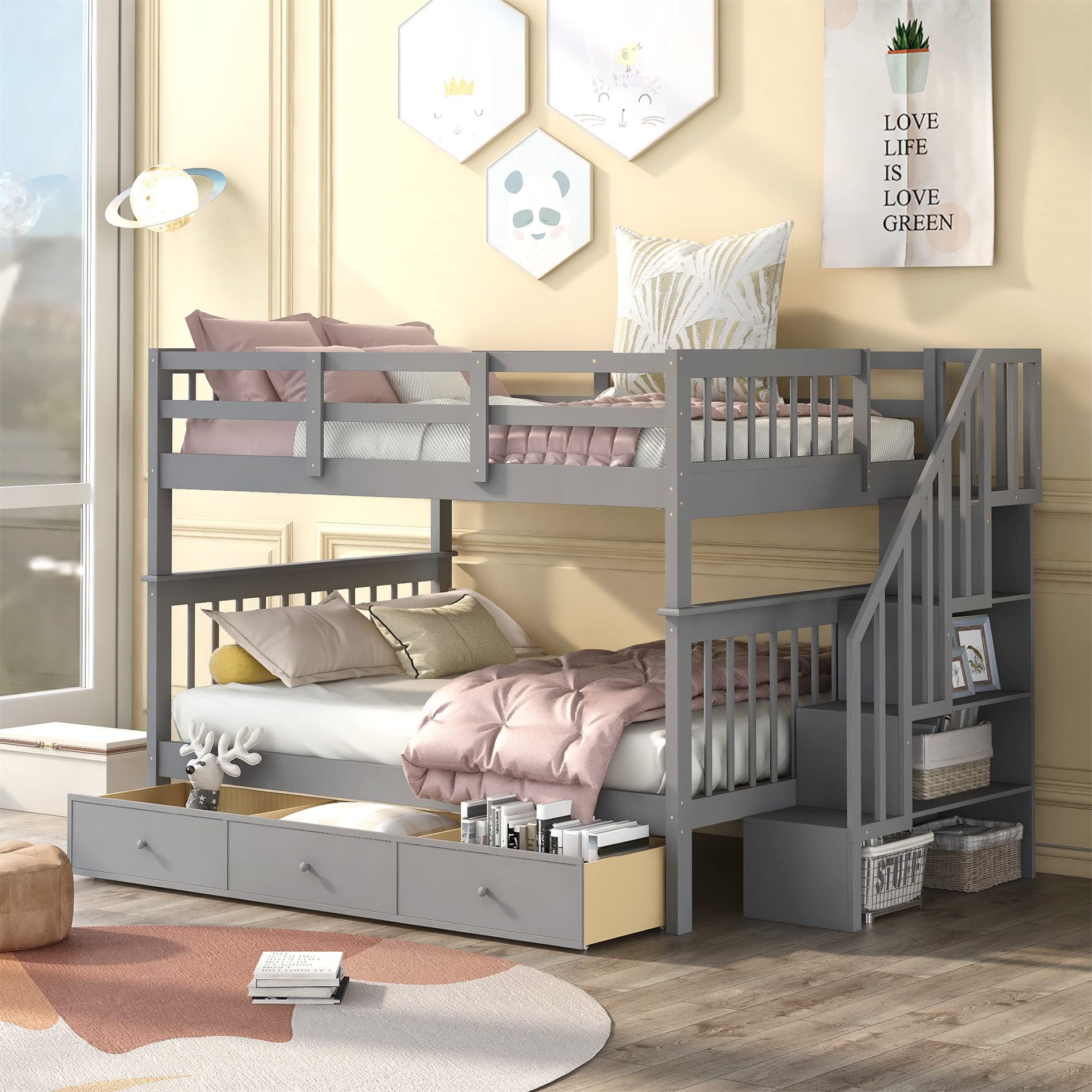 Harper & Bright Designs Full Over Full Bunk Bed with Storage Drawers - Sturdy Wood Bunk Bed with Stairs & Safety Guard Rail - Space-Saving Bed Frame for Kids, Teens & Adults - Perfect for Bedrooms, Dorm Rooms & Small Spaces (Full Size, Gray Finish)