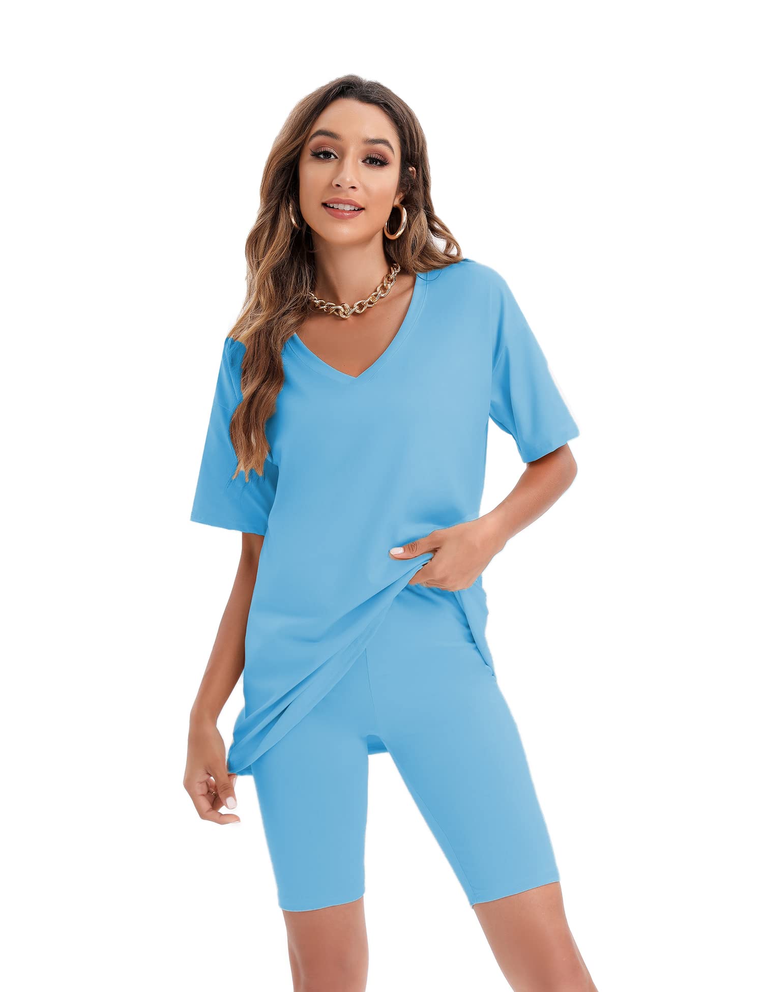 Youdiao Women's 2-Piece Outfits - Summer Casual V-Neck Oversized T-Shirt & Biker Shorts Set | Lounge Wear, Gym, Street Fashion