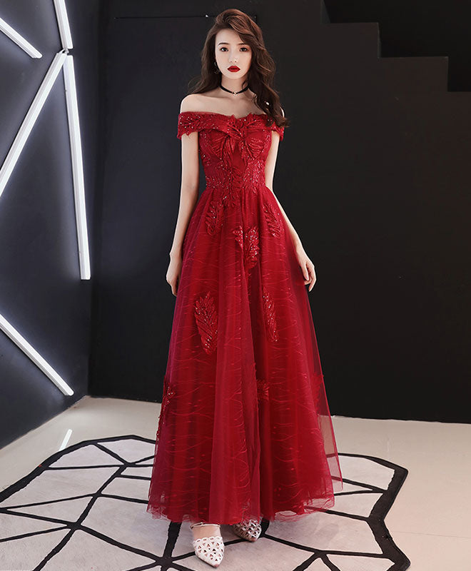Elegant Burgundy Tulle Lace Off-Shoulder Prom Dress for Women - Formal Evening Gown for Homecoming, Wedding, and Special Occasions