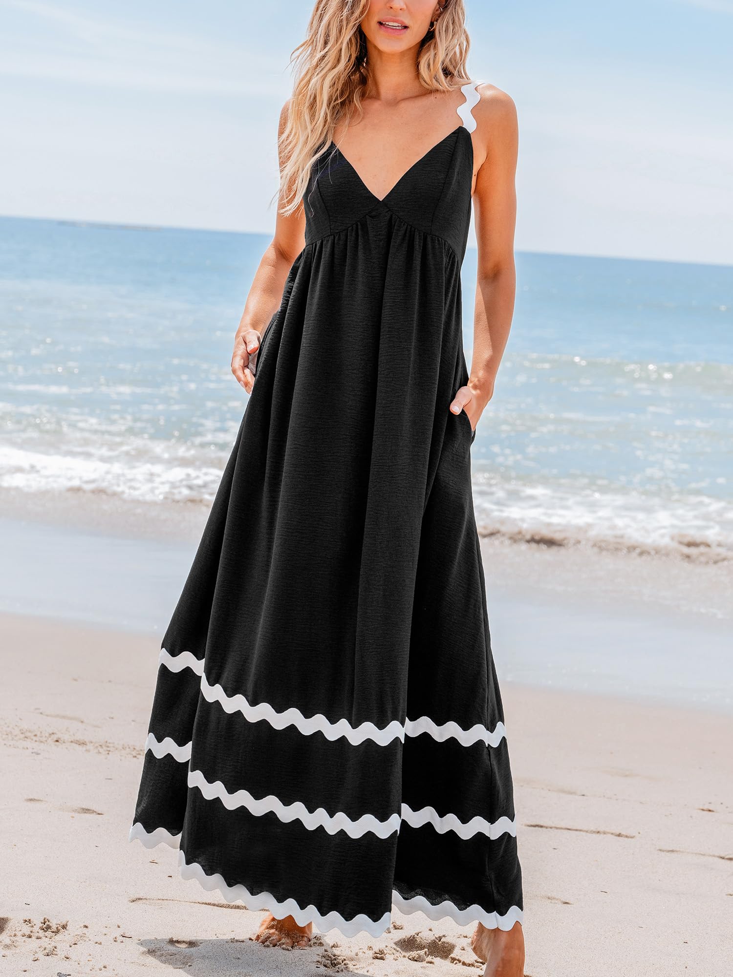 CUPSHE Women's Maxi Dress - V Neck Summer Sundress, Sleeveless Flowy Long Dress with Pockets | Beach Cover Up, Wedding Guest Dress, Casual Party Outfit