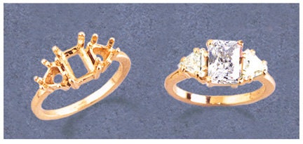 7x5mm or 8x6mm Emerald Cut Sterling Silver/14K Gold Ring with Trillion Accents - Size 7 Pre-Notched Blank Setting (163-469/143-469) - Perfect for Engagement, Wedding & Anniversary Gifts