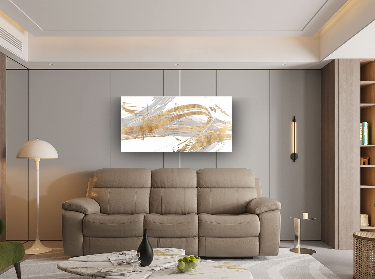 Abstract Wall Art Canvas Print - Grey & Gold Line Modern Framed Painting 24x48 inches (60x120cm) for Living Room, Bedroom, Office & Bathroom Decor | Contemporary Home Artwork for Stylish Interior Design